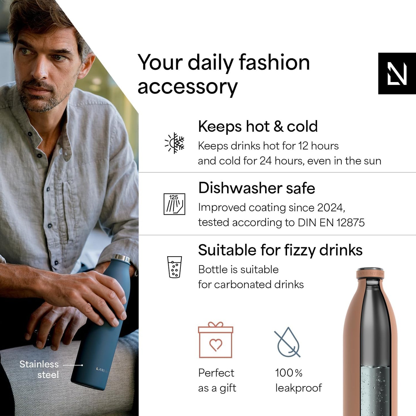 LARS NYSØM Stainless Steel Insulated XL Water Bottle 12oz 17oz 25oz 34oz 51oz | Insulated Thermo Flask for Hot and Cold Beverages | Leakproof Drinking Bottle (Blush Rose, 50.7 oz)