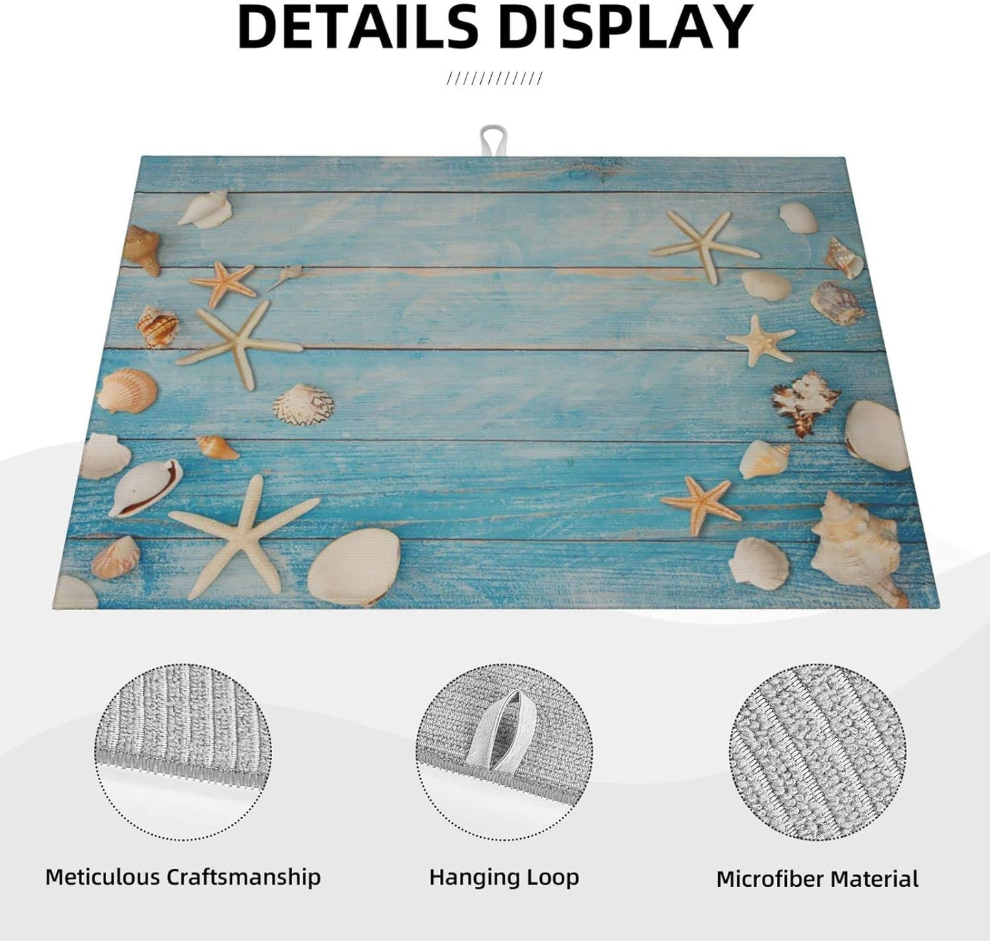 Seashells Starfish On Blue Wood Absorbent Microfiber Xl Dish Drying Mat For Kitchen Countertop Extra Large Reversible Drainer Rack Pad 18 X 24 Inch