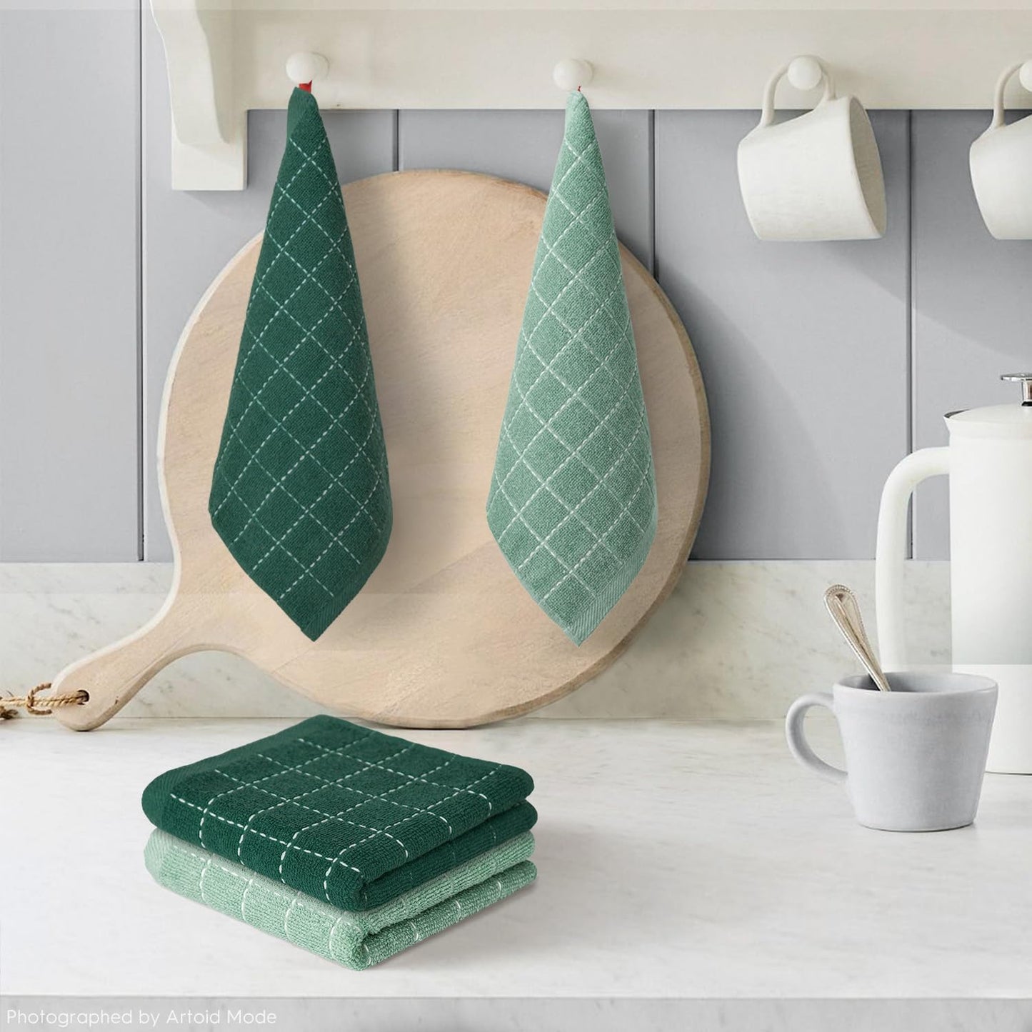 Artoid Mode Checkered Designed Cotton Dark Green Terry Kitchen Dish Cloths, 12x12 Inch Soft Absorbent Quick Drying Cleaning Kitchen Rags Set of 6