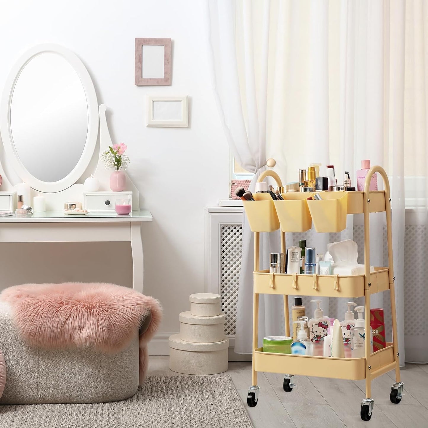 danpinera 3-Tier Rolling Cart, Metal Rolling Storage Cart with Lockable Wheels & Hanging Cups & Hooks, Mobile Trolley for Kitchen, Bathroom, Office, Workshop, Yellow