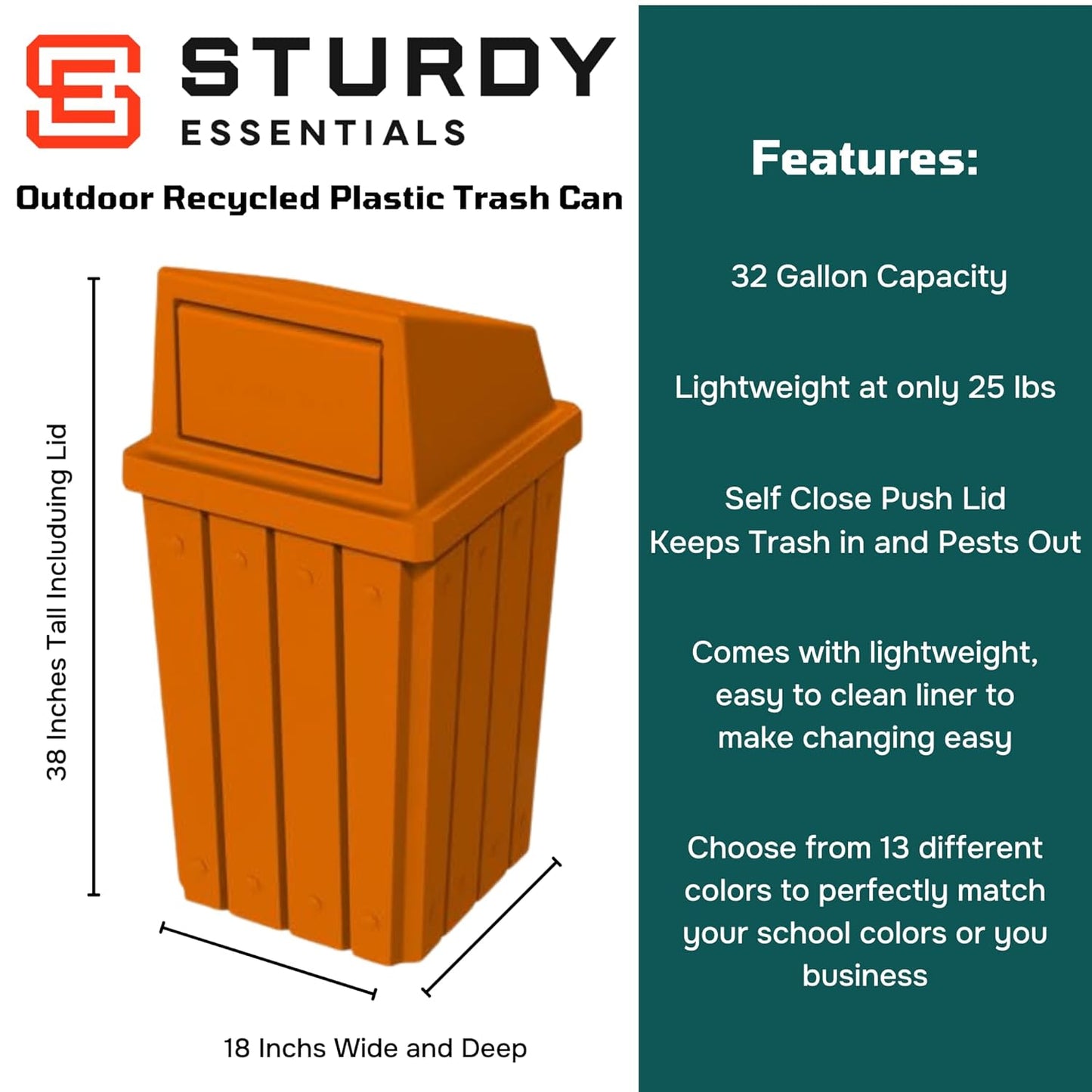 32 Gallon Square Slatted 100% Recycled Plastic Heavy-Duty Commercial Outdoor or Indoor Trash Can with Push Top Lid | Great for Schools and Businesses - Orange