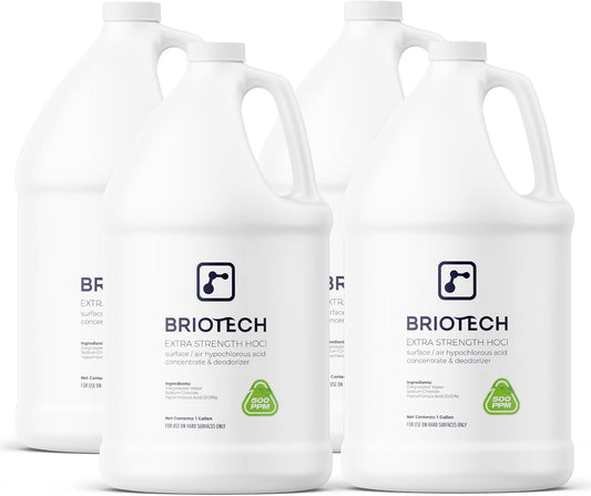 BRIOTECH Extra Strength HOCl Cleaner, 500 PPM Hypochlorous Acid Concentrate, ULV Foggers & Humidifiers, Professional Deodorizer for Dental, Offices, Schools, Homes, Peroxide Free, 1 Gallon (4 Pack)