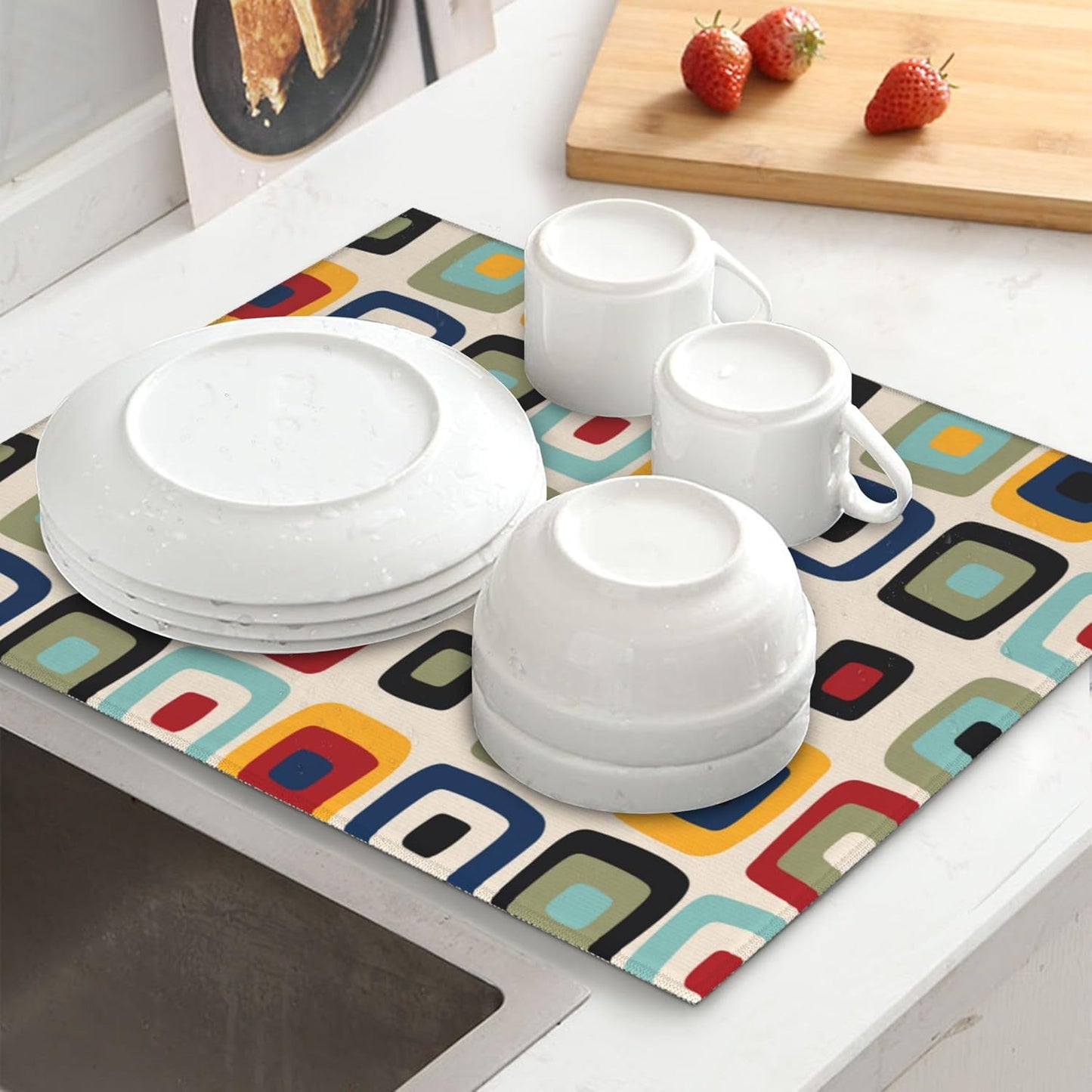 Mid Century Modern Retro Kitchen Drying Mat Microfiber Dish Drainer Mat for Kitchen Counter Absorbent Reusable Washable Vintage Decorative Drying Pad 16x18 Inch