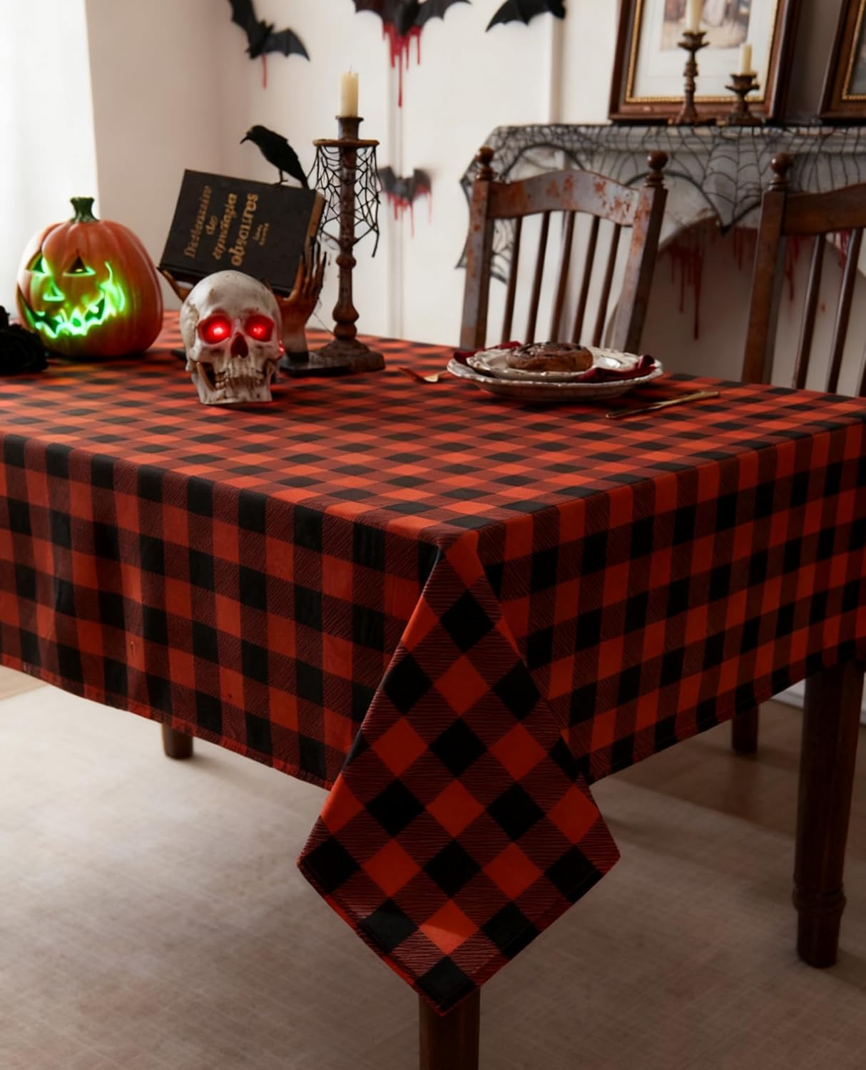 Waterproof Orange Plaid Tablecloth Fabric - Square 58x58 Inch Classic Gingham Checker Halloween Table Cloth for Indoor Use - Fall Tabletop Cover Perfect for Picnics, BBQs, and Parties