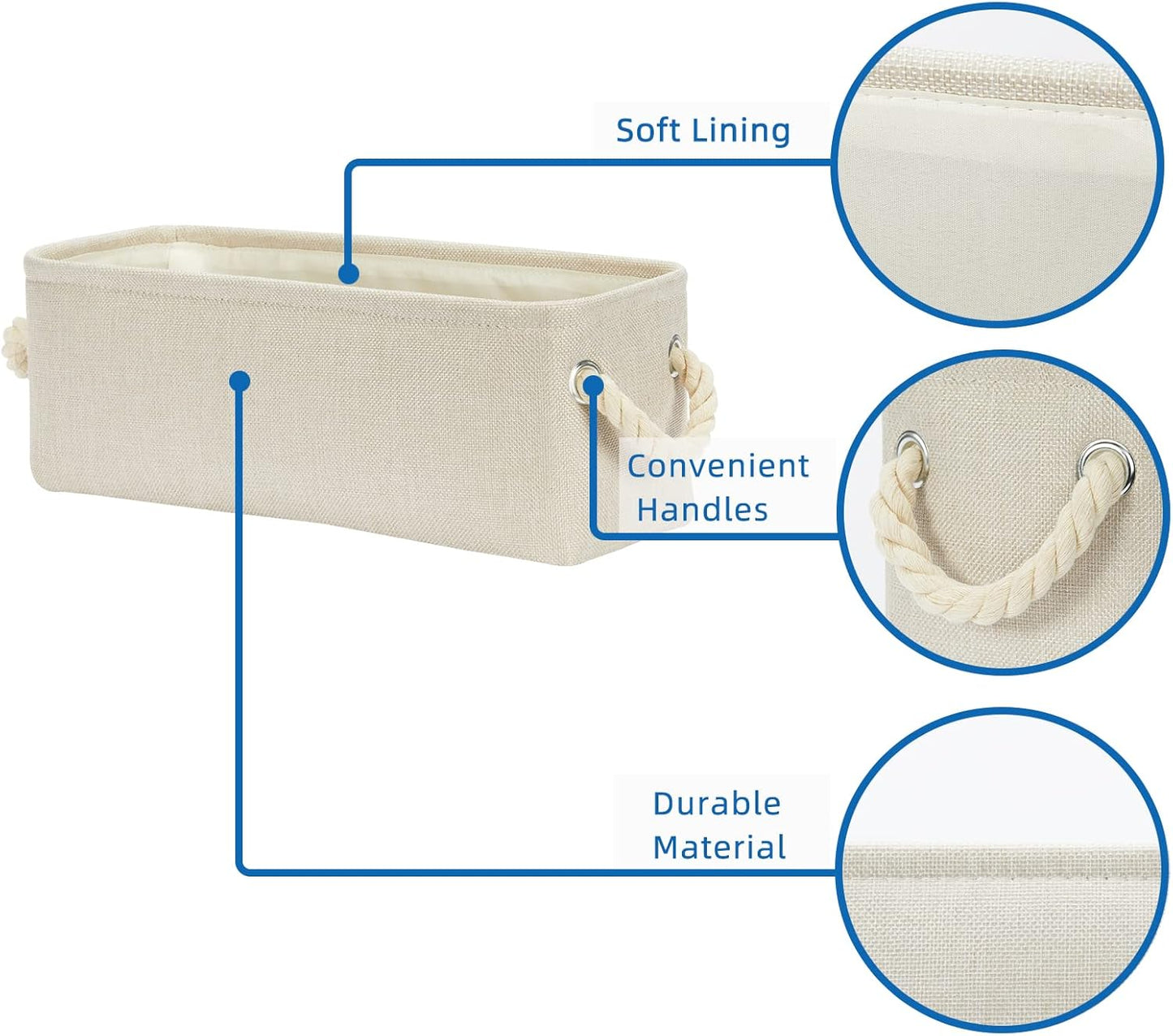 Temary Small Fabric Storage Baskets for Storage Home, Narrow Rectangle Basket with Rope Handles, Decorative Basket for Organizing Toilet Tank Top, Towels, Toilet Paper (Beige, 15Lx6Wx5.5H Inches)