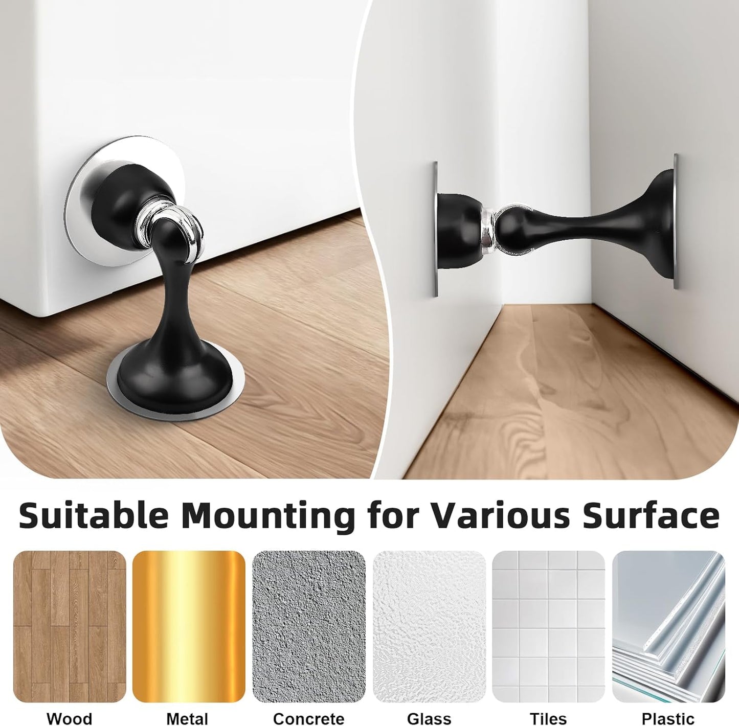 Probrico Black Magnetic Door Stoppers for Bottom of Door, Stainless Steel Magnet Door Catch Door Stops to Keep Door Open, Heavy Duty Door Holder, Wall and Floor Mounting, 2 Pack