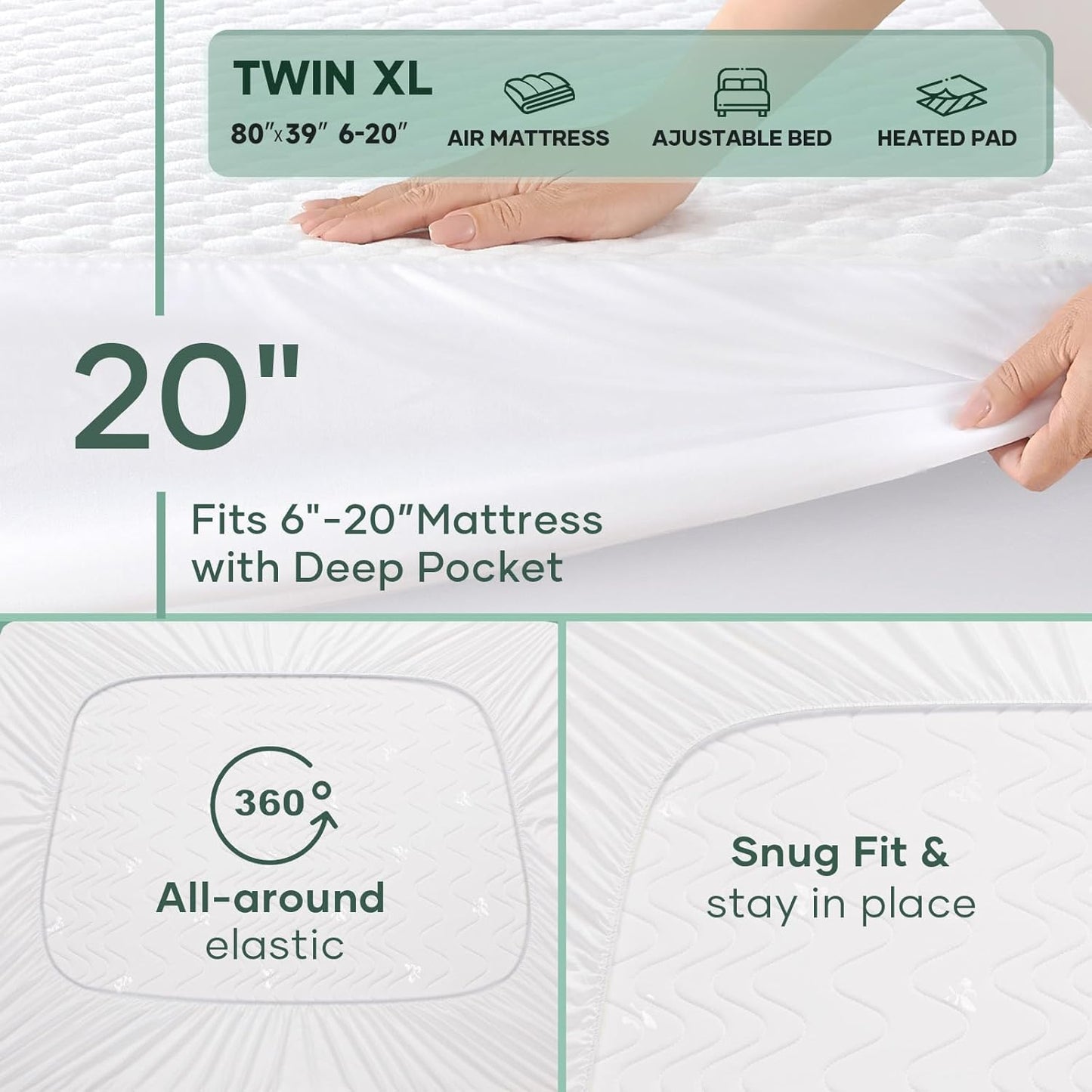 OhGeni 100% Waterproof Mattress Protector, Twin XL Size Mattress Pad, Fits 6"-20" Mattresses with Deep Pocket, Cooling, Breathable Fitted Sheets, Soft Bed Cover, Noiseless, Machine Washable