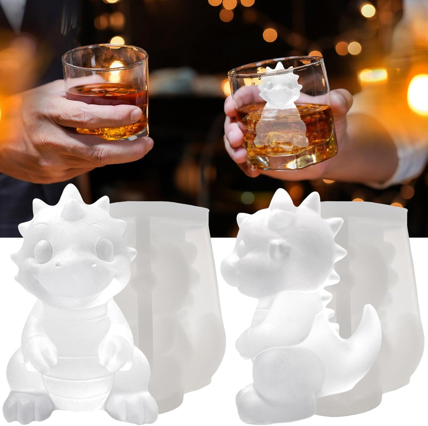 3D Dinosaur Ice Cube Silicone Molds Tray for Whiskey, Cocktail, Drink Decor, Bar; Rich Details. Cute Dragon Gifts for Women Kids Girls Boys, Fun Animal Shape Soap Epoxy Resign Mold; 2 Pack