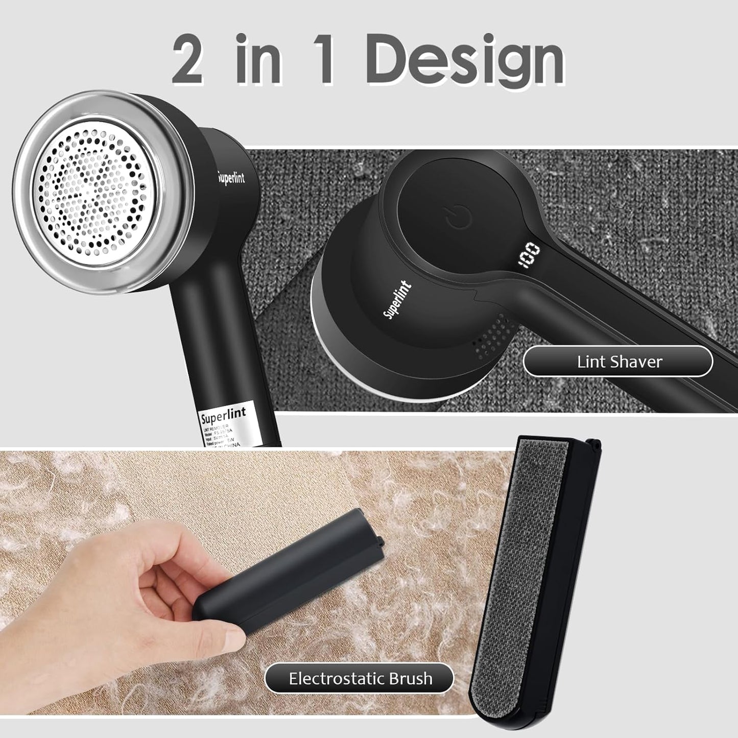 SUPER LINT Electric Fabric Shaver Electrostatic Brush, LED Display, 3-Speeds, Rechargeable Sweater Shavers to Remove Pilling for Clothing, Couch, Furniture, Black