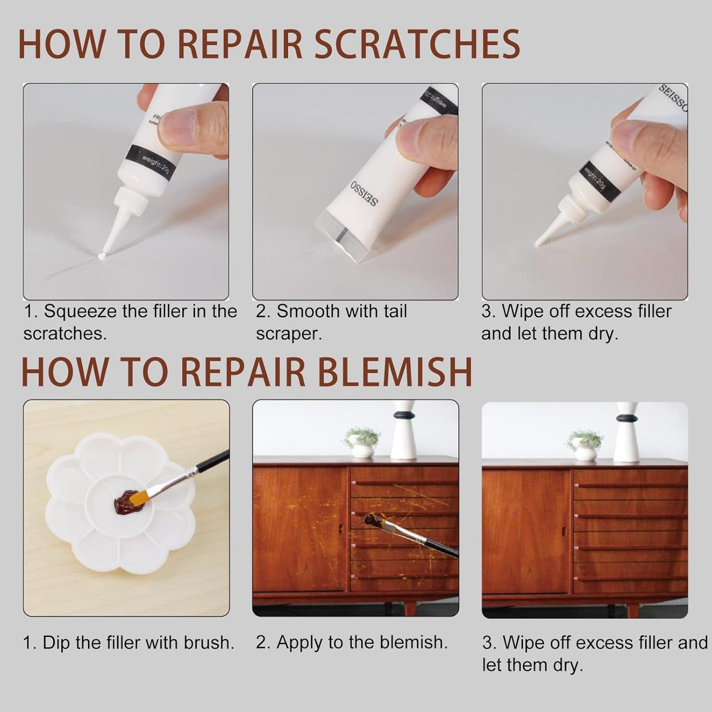 SEISSO Wood Furniture Repair Kit, Wood Filler and Touch Up Markers, Set of 28 Laminate Vinyl Floor Repair Kit for Scratches, Cracks, Holes, Discoloration for Door, Floor, Table, Cabinet