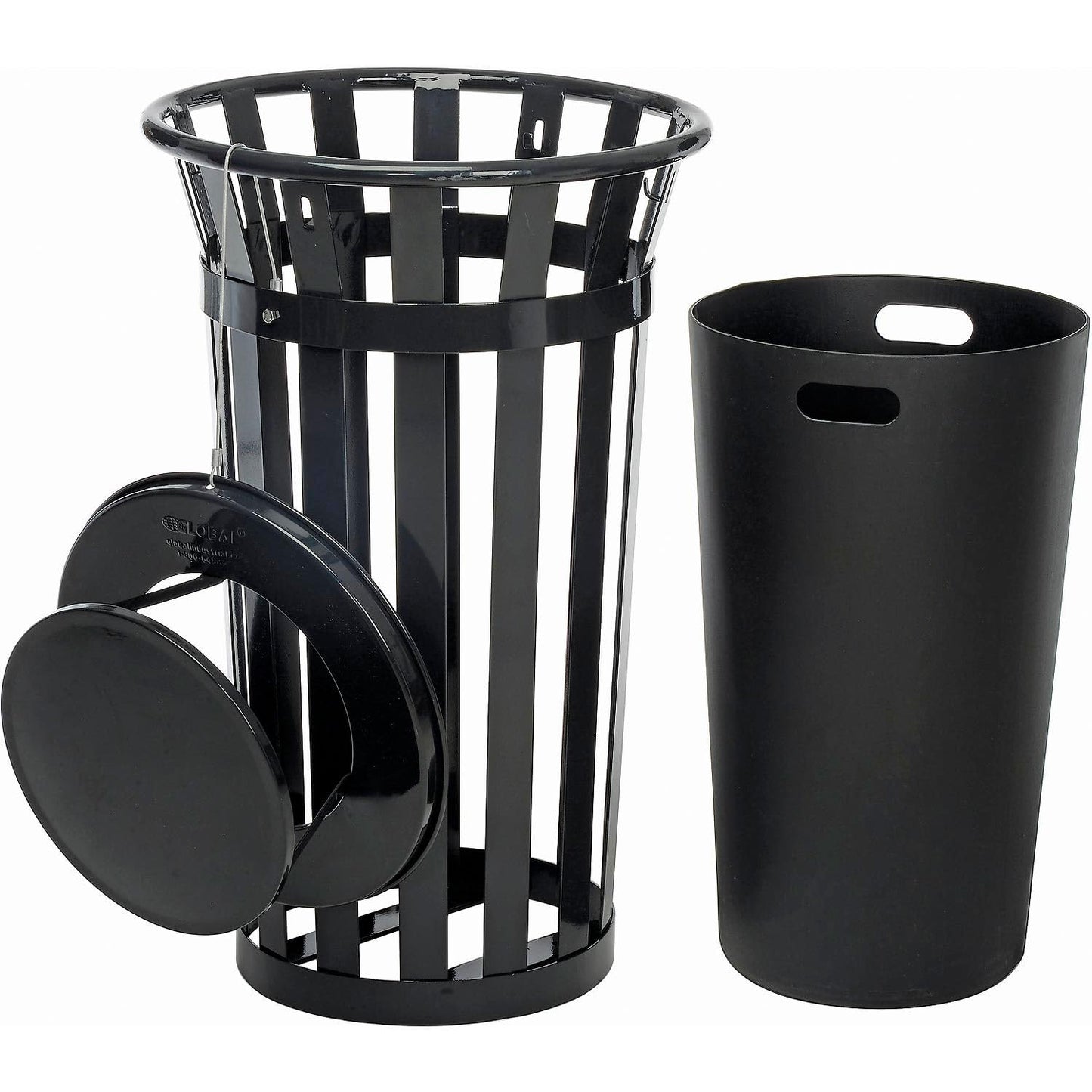 Global Industrial 24 Gallon Heavy-Duty Outdoor Metal Slatted Round Trash Receptacle with Rain Bonnet Lid, Powder Coat Finish, 23" Diameter x 41-3/4"H, Black