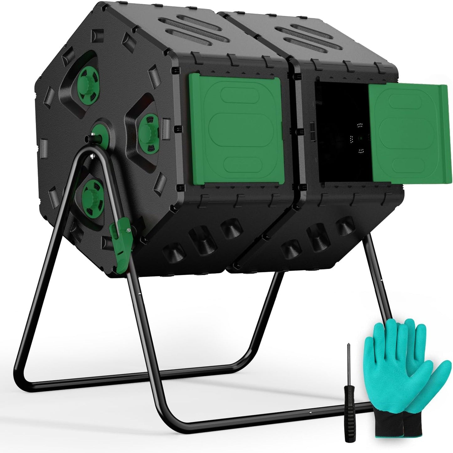 Compost Tumbler 45 Gallon/170L, Easy-Assemble Dual Chamber Compost Bin Outdoor, 360°Rotating Large Composter for Outside, Backyard, Garden, Gifts for Seasoned Gardeners & Beginners-Green