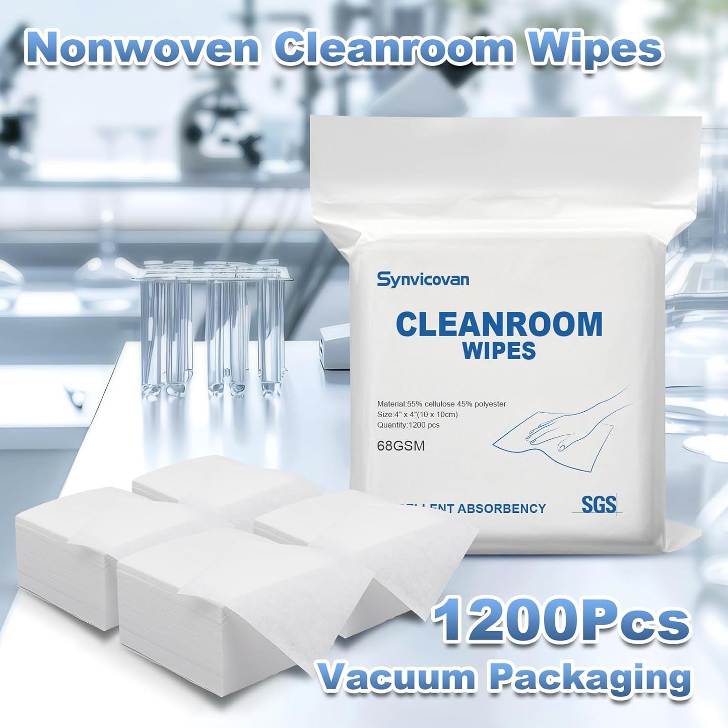 Cleanroom Wipes 4"x4" (1200 Pcs, Cellulose/Polyester Blend, Grade A, 68GSM) Lint Free Wipes for Laboratory, Electronics, Pharmaceutical,Printing,Automotives and Semiconductor Industries