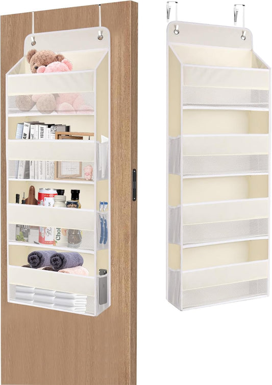 QINGUANG Over The Door Organizer,Hanging Organization and Storage, Behind Door Organizer with Side Pockets, 35 lbs Capacity,Anti Tilt, for Nursery, Bathroom, Bedroom,Dorm 4-Shelf Beige
