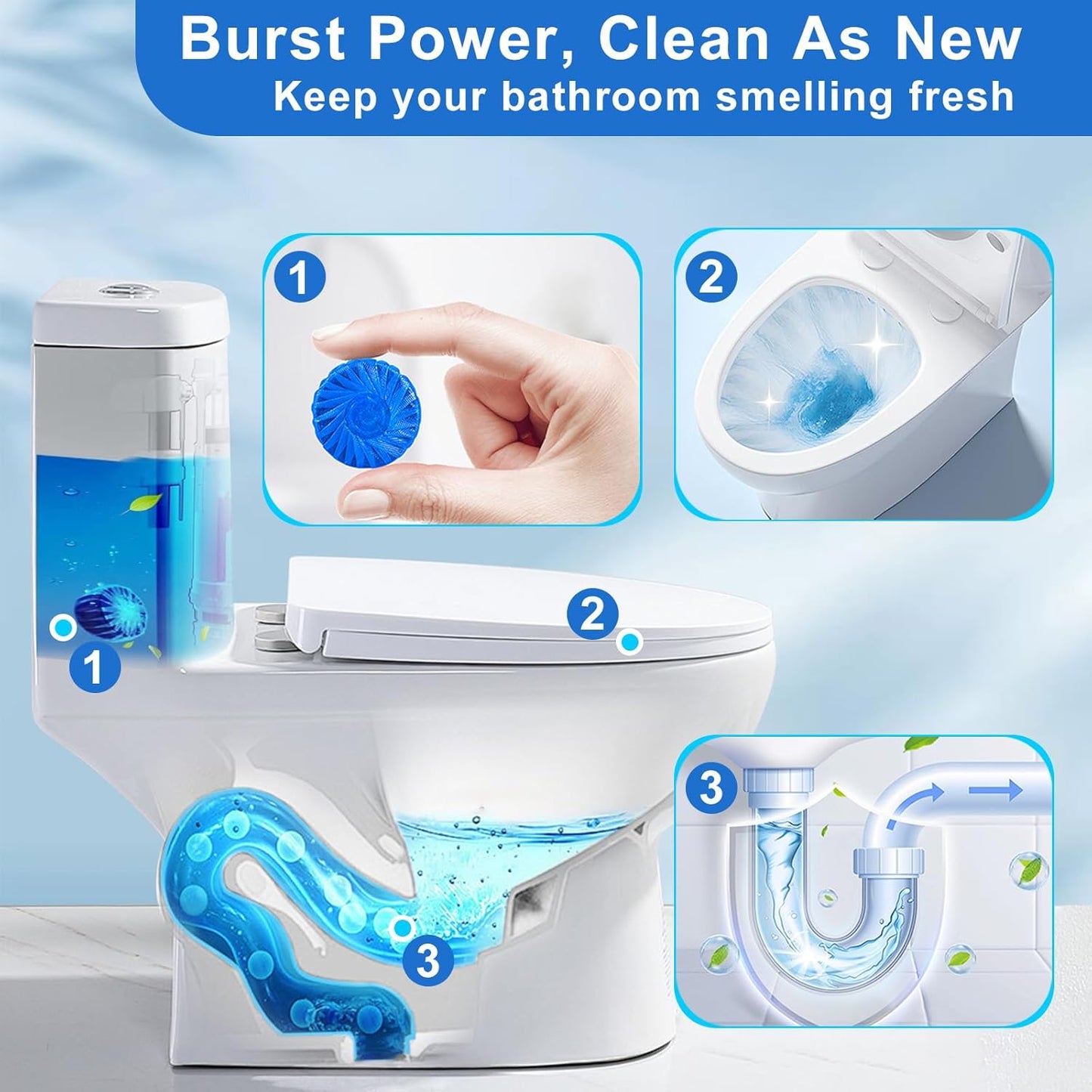 Toilet Bowl Cleaner Tablets 40 Pcs, Septic Safe Automatic Toilet Tank Cleaner with Sustained-Release Technology, Powerful Long-Lasting Blue Tabs for Bathroom Stain Remover & Deodorizer