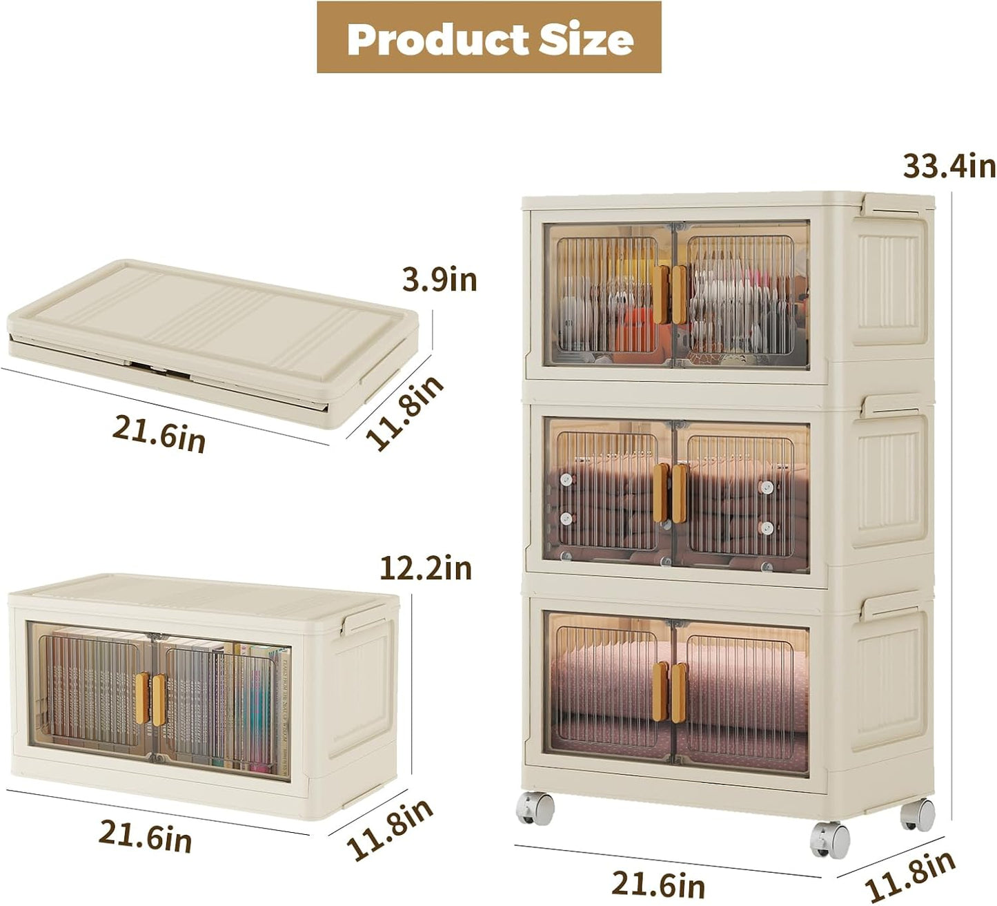 3 Tier Stackable Plastic Storage Bins with Lids 48QT, Collapsible Closet Organizers and Storage with Wheels for Living Room,Office,Dorm