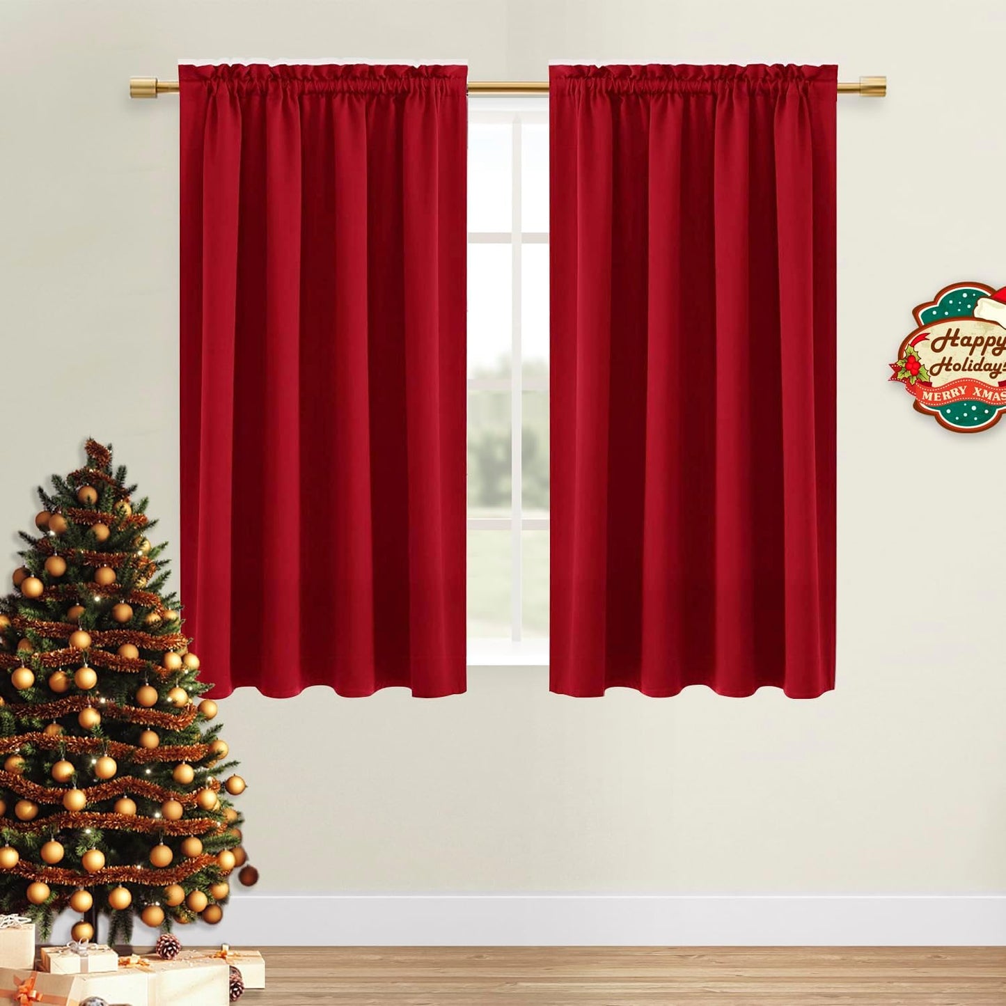 DWCN Christmas Blackout Curtains Room Darkening Thermal Insulated Bedroom Curtains Window Curtain Panels, 52 x 45 inches Long, Set of 2 Red Rod Pocket Drapes
