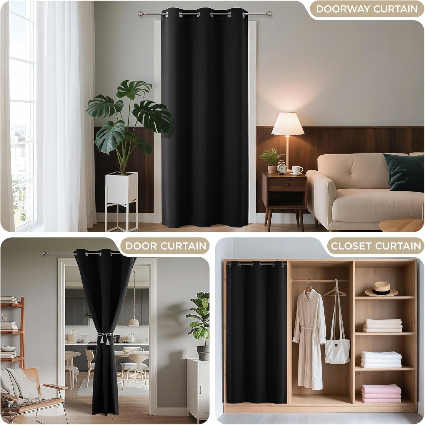 Joydeco Blackout Door Curtain for Doorway Privacy 108 Inches Long, Grommet Closet Curtain for Open Closet, Room Divider for Bedroom Living Room (Black, 52Wx108L, 1 Panel)