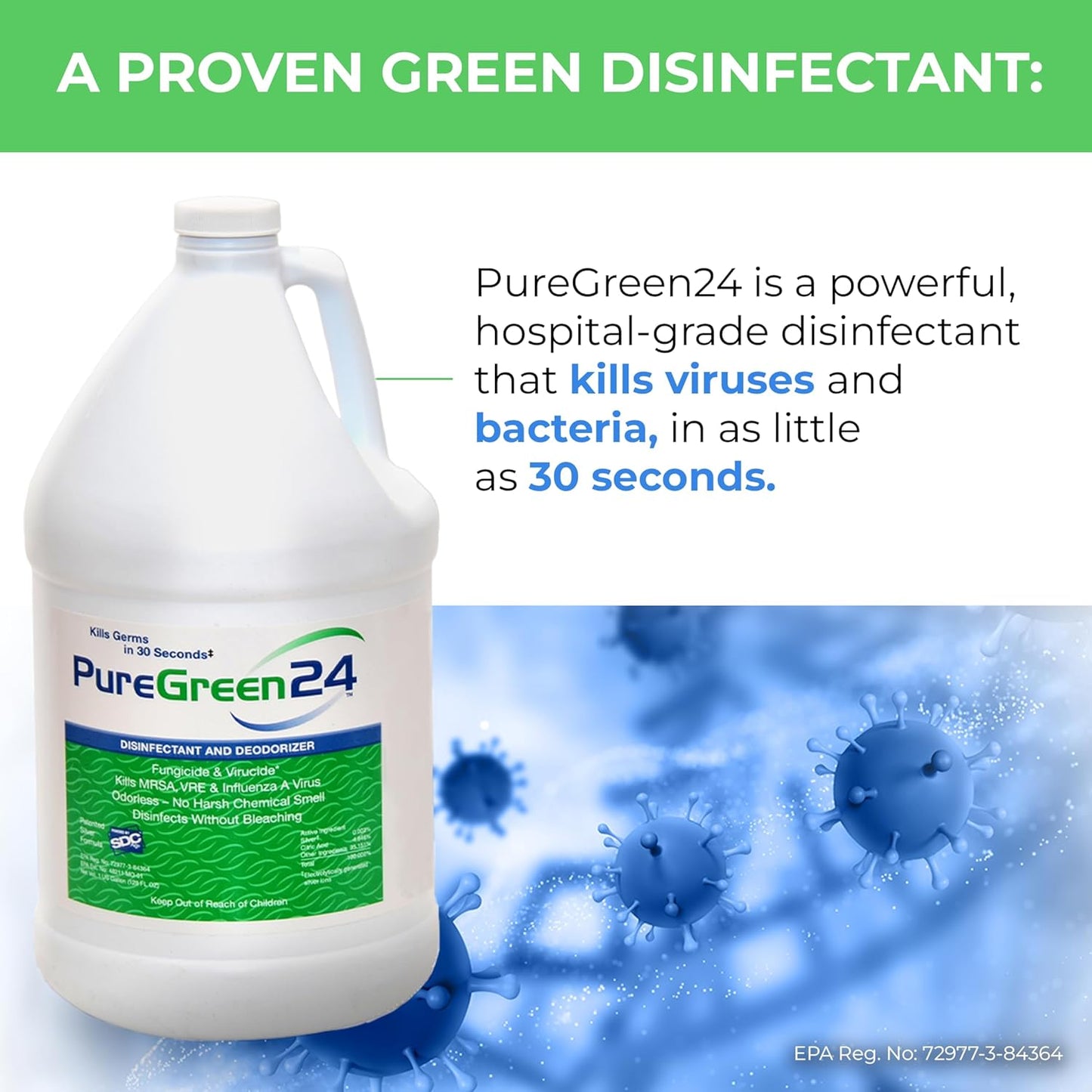PureGreen24 Safe & Effective Disinfectant. Kills Deadly Germs including RSV COVID-19 Norovirus MRSA Staph 2025 flu Bird flu Contains no toxic chemicals odorless child & pet safe 1 4oz spray bottle