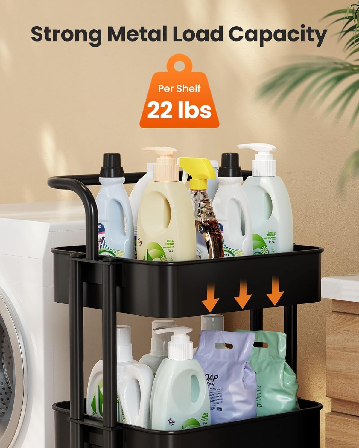 Pipishell 3 Tier Mesh Utility Cart, Rolling Metal Organization Cart with Handle and Lockable Wheels, Multifunctional Storage Shelves for Kitchen Living Room Office Black