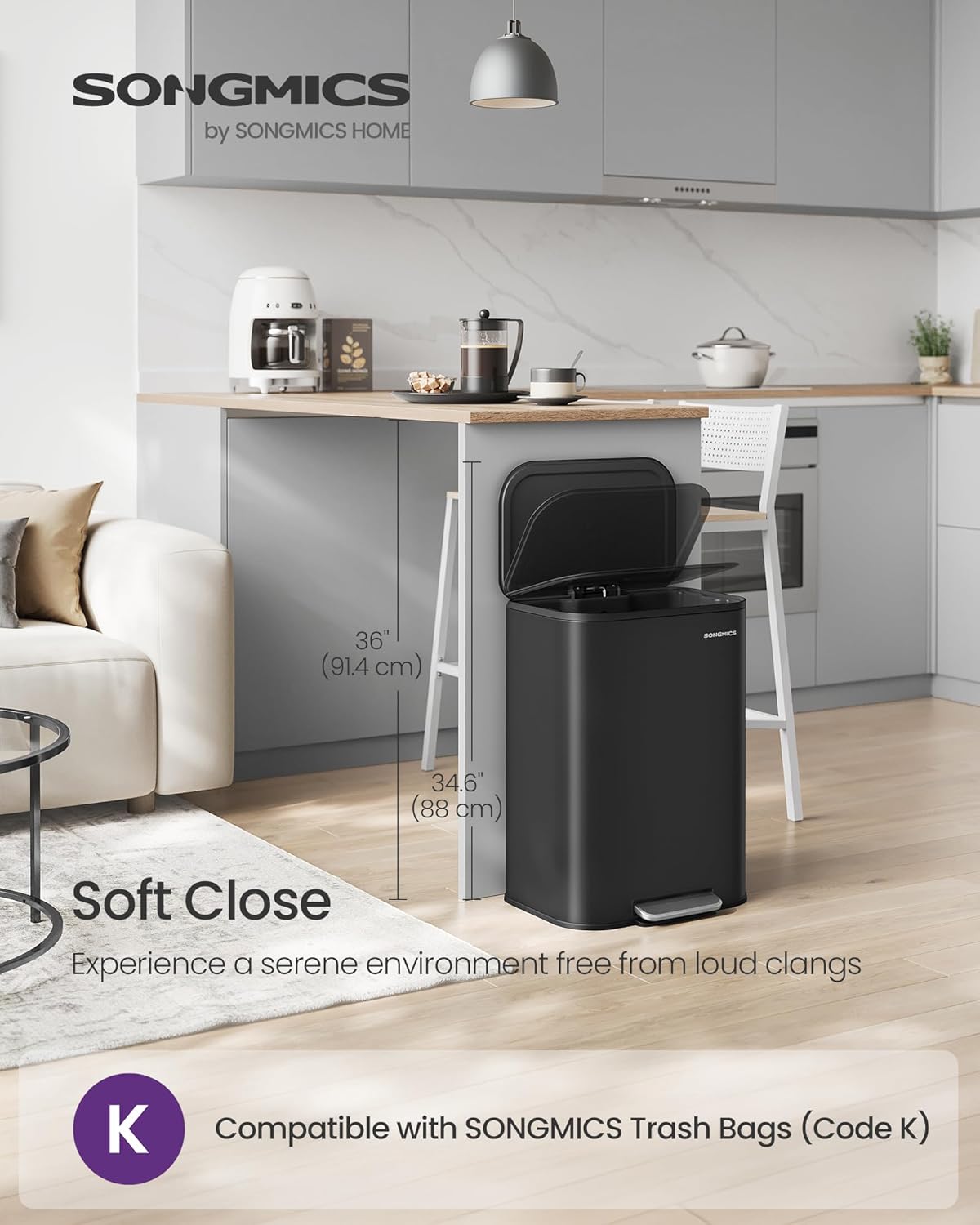 SONGMICS Kitchen Trash Can, 13-Gallon (50 L) Garbage Can with Lid, Stainless Steel, Soft Close and Stays Open, Inner Bucket, Wide Non-Slip Pedal, Ink Black ULTB547B01