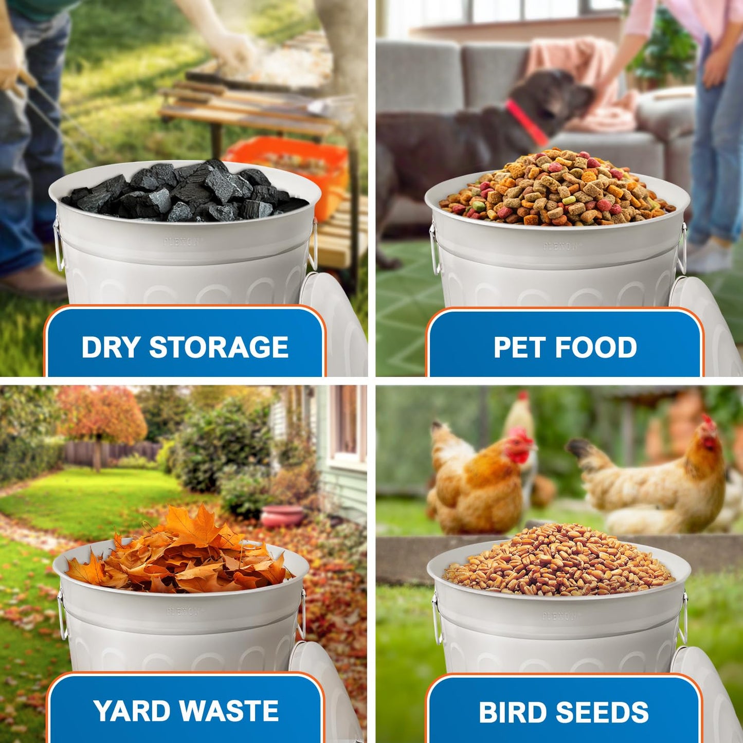 Plexon 13-Gallon Galvanized Steel Round Trash Can with Lid, Indoor and Outdoor Use, Durable Construction, Retro Design, Stylish Beige 2 Pack