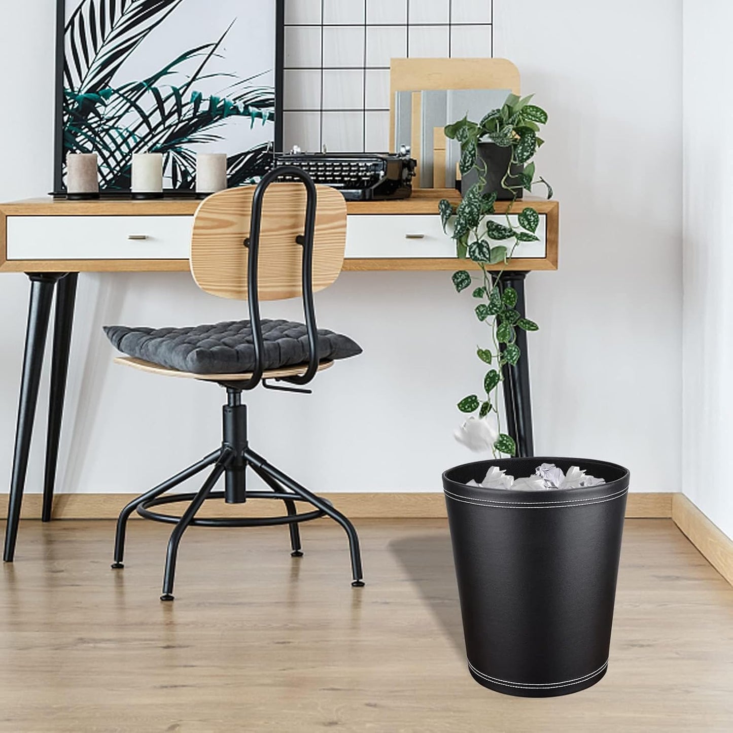 Pu Leather Trash Can, 2.6 Gallon Black Bathroom Trash Can, Small Office Garbage Can Wastebasket for Bedroom, Kitchen, Round Trash Bin Decorative Under-Sink/Desk/Home Easy to Clean