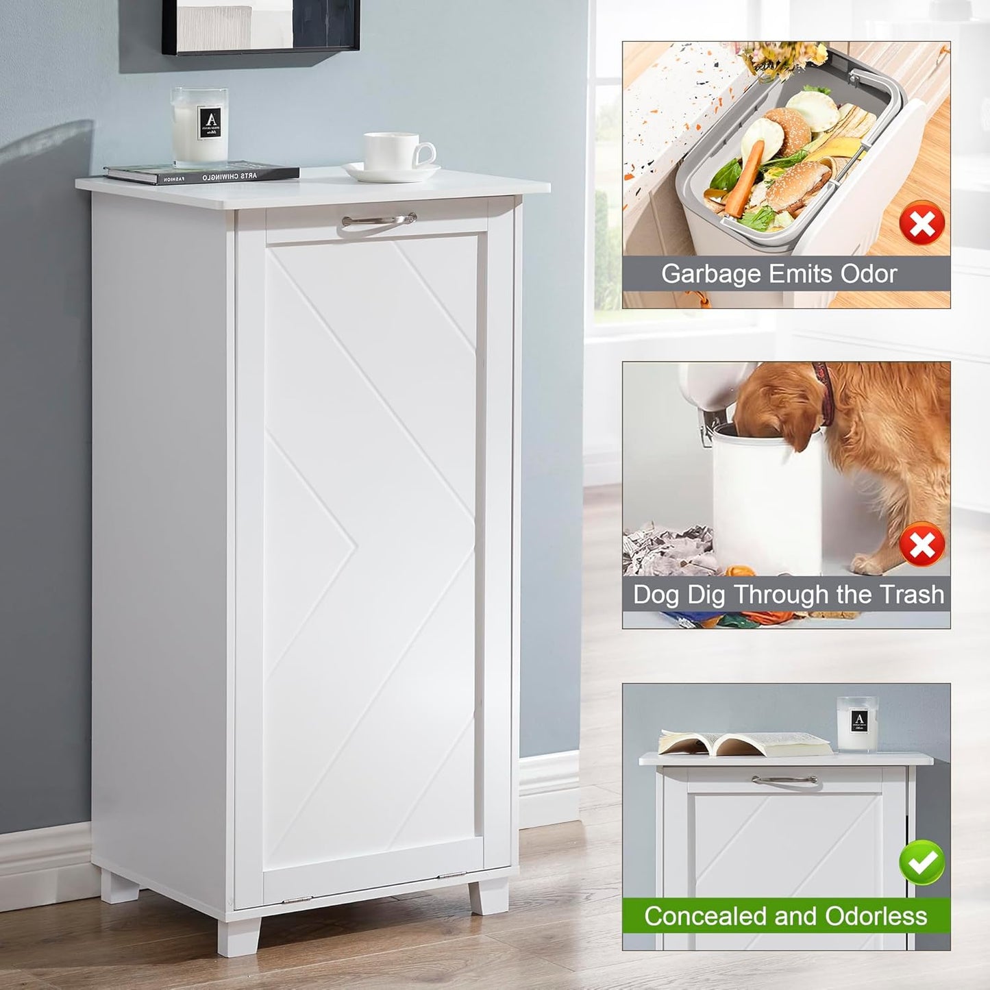 VECELO Tilt Out Kitchen Trash Bin Cabinet, Dog Proof Garbage Can with Wood Holder Free Standing Recycling, Pure White