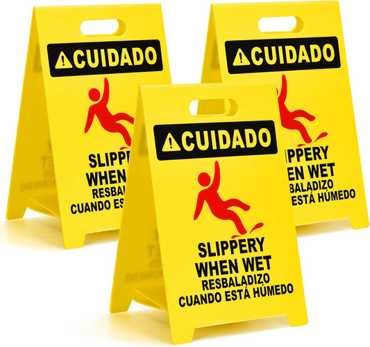 MATTHEW CLEANING 19'' Industrial Wet Floor Sign 3 Pack 2-Sided Durable Corrugated Plastic Birght Yellow Multilingual Warning Signs Commercial Caution Wet Fold-out Floor Signs For Indoors