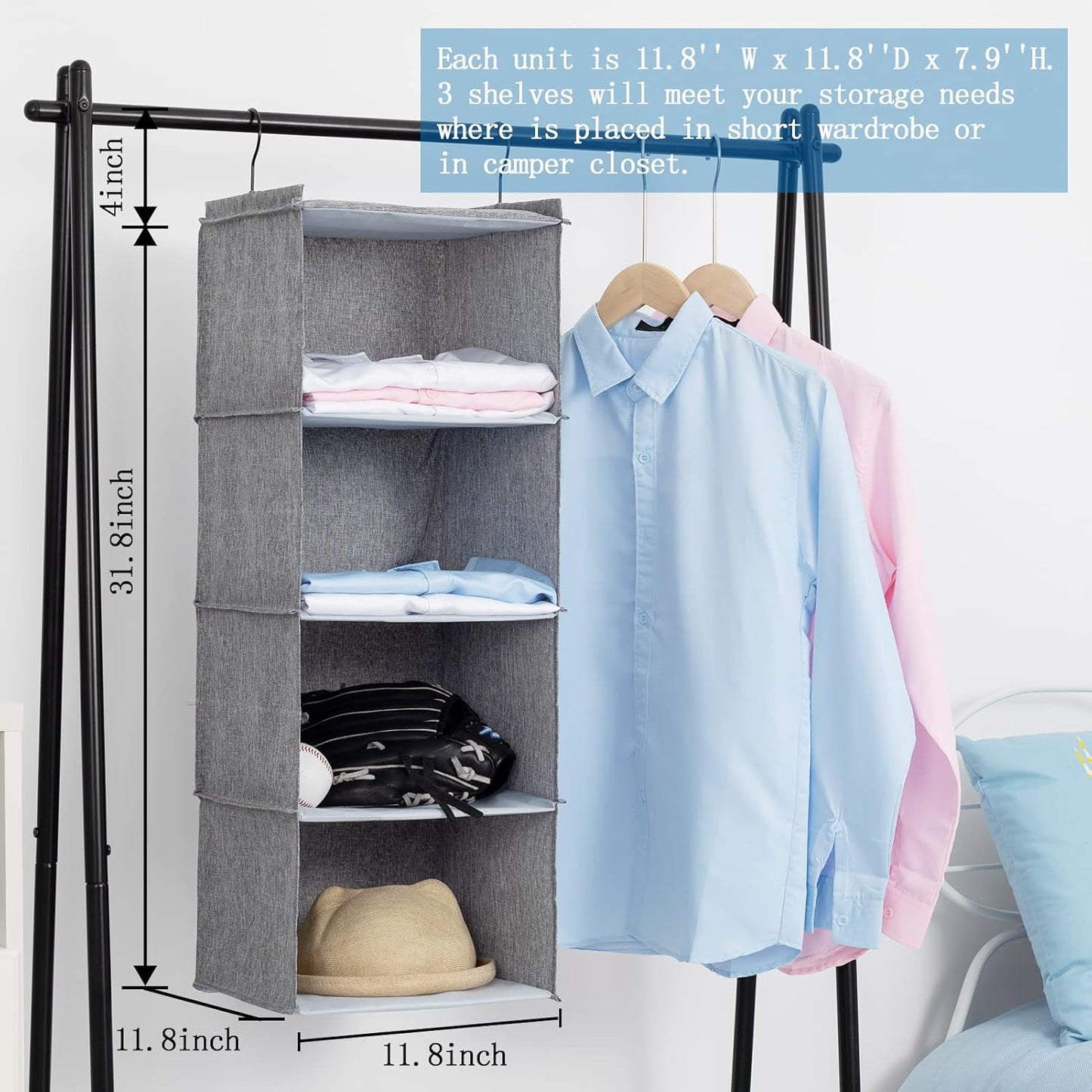 Hanging Closet Organizer, Easy Mount Collapsible 4-Shelf Camper Closet Wardrobe Hanging Storage Shelves, Folded Clothes Towels Handbag Shoes Accessories Storage, Linen Cloth, Gray