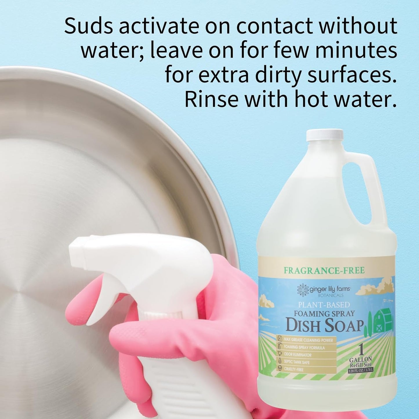 Ginger Lily Farms Botanicals Plant-Based Foaming Spray Dish Soap, Concentrated Formula with Max Grease Cleaning Power, Cruelty-Free, Fragrance-Free, 1 Gallon Refill (128 Fl Oz)