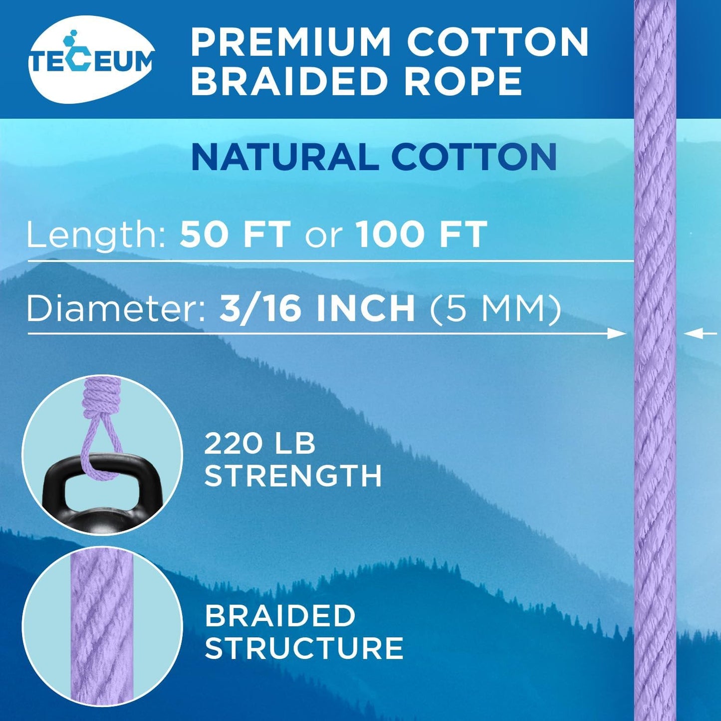 TECEUM Cotton Rope 3/16” (5 mm) – 50 FT – Strong All-Purpose Braided Rope – Natural Cotton – for Crafting, Сamping, Clothes Line, DIY, Indoor & Outdoor Use – Lavander