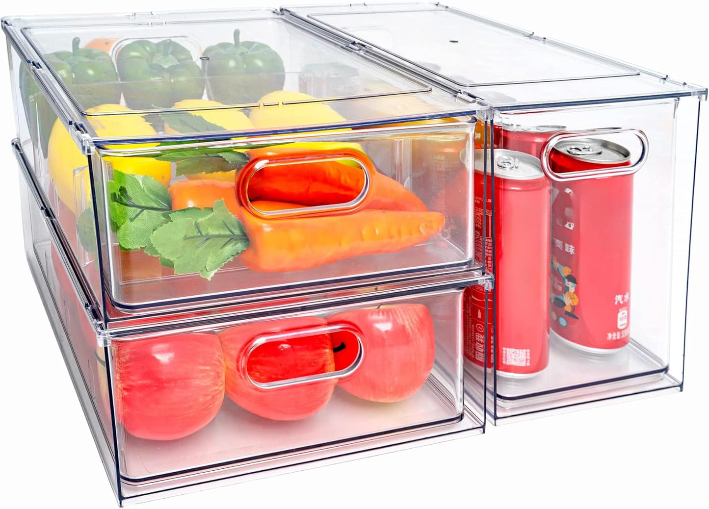 MineSign Stackable Fridge Drawer Pull-Out Bins with Handles 3 Pack Large Clear Food Container with Removable Dividers Refrigerator Storage box Divided Produce Saver for Pantry Kitchen