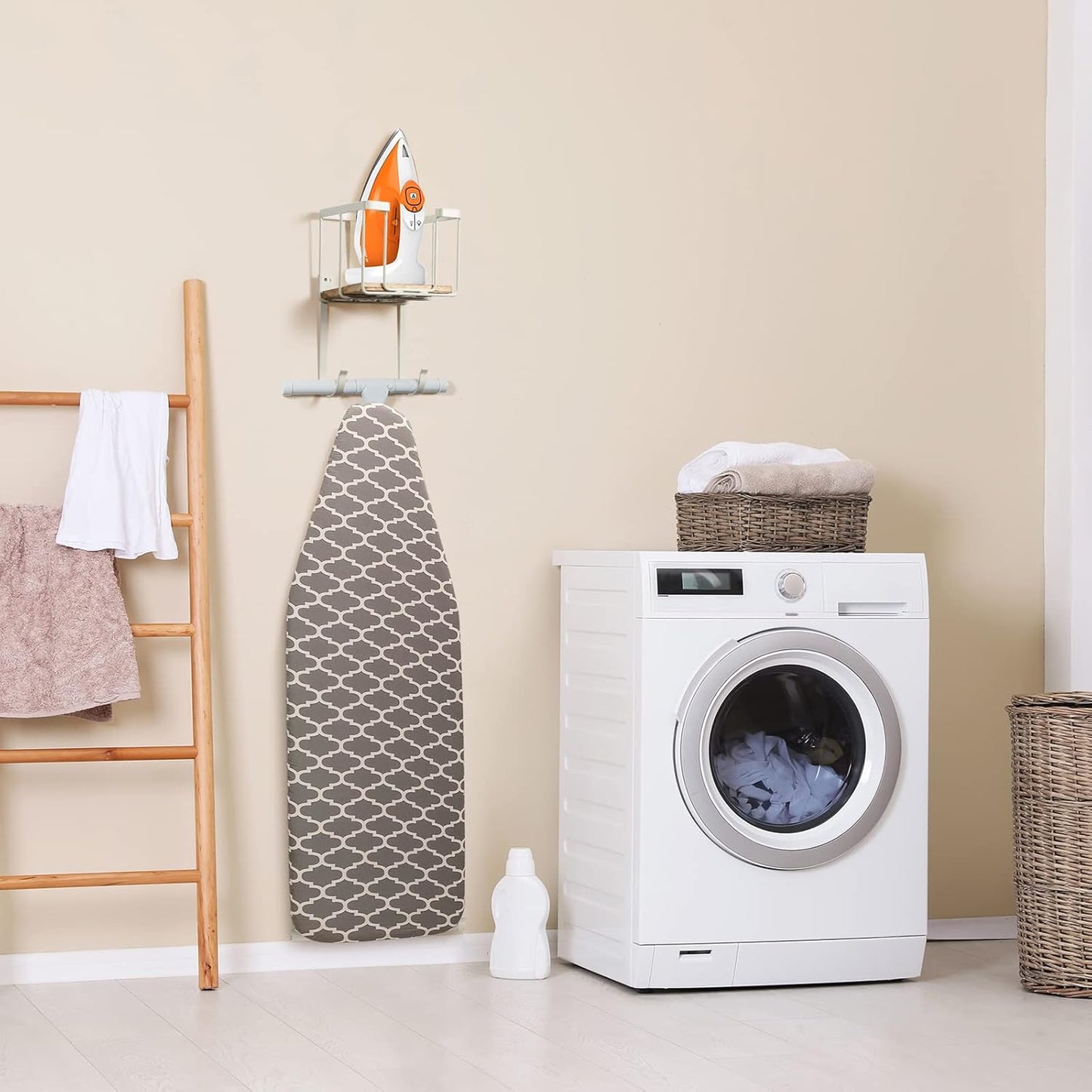 TJ.MOREE Over The Door/Wall Mount Ironing Board Hanger, Laundry Room Iron and Ironing Board Storage Holder, White