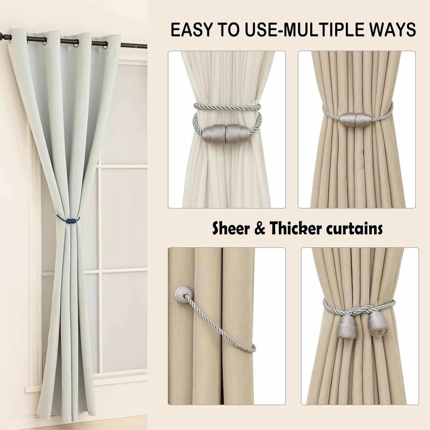 Magnetic Curtain Tiebacks Rope Curtain Tie Backs for Curtains 6 Pack Curtain Holders for Drapes Decorative Window Curtain Holdbacks, Grey