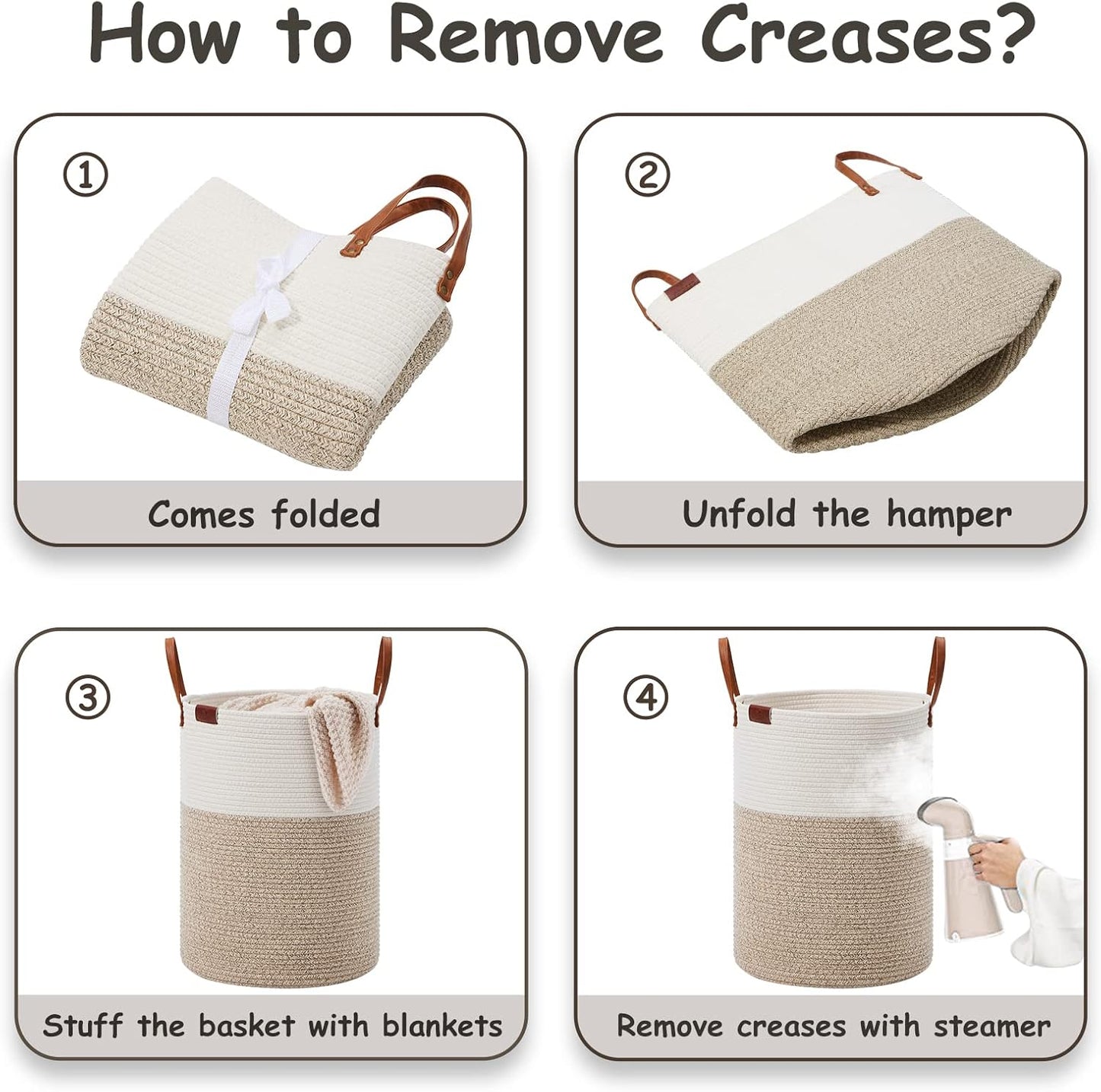 VIPOSCO Tall Laundry Basket, Large Dirty Clothes Hamper with Leather Handle, Woven Rope Storage Basket for Blanket, Toy In Living Room, Bathroom, Bedroom - 58L White & Brown