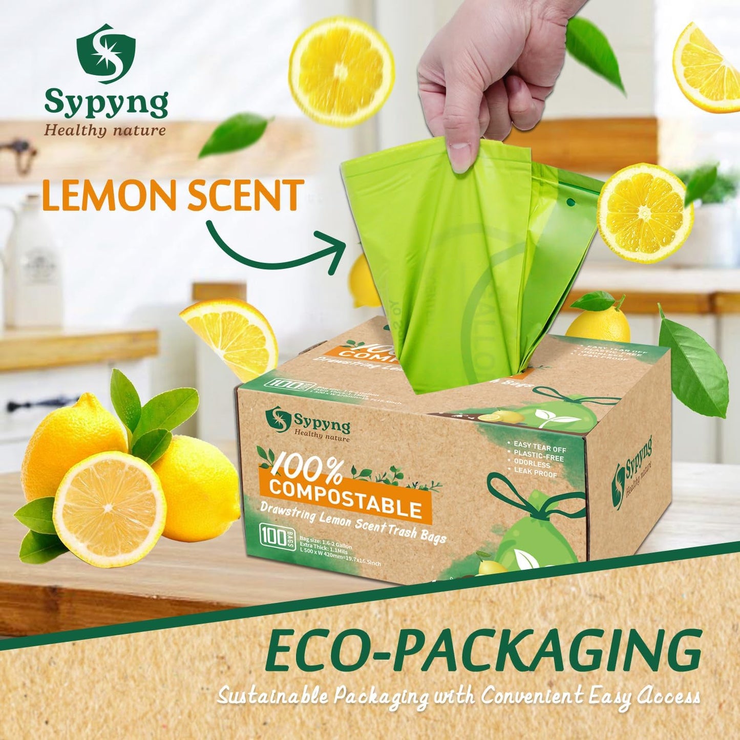 Compostable Kitchen Trash Bags 1,6-2 Gallon (100-Pack) - Heavy-Duty 1.1 Mil, 100% Biodegradable, ASTM D6400, BPI & OK Compost HOME Certified, Eco-Friendly, Leakproof & Odor Control