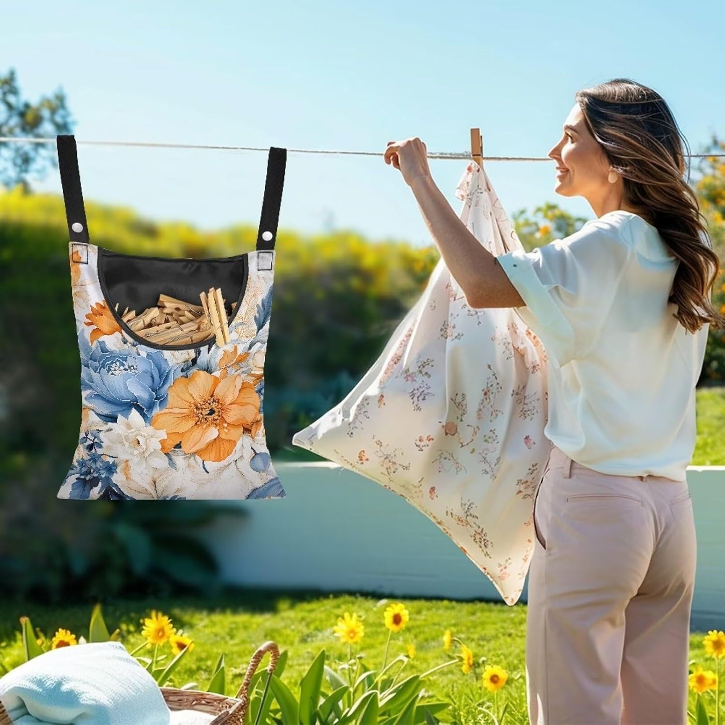 Art Flowers Clothespin Bag with Hanging Hook Summer Laundry Clothes Pin Holders Waterproof Clothes Pin Hanging Bag Clothespin Storage Organizer with Large Opening