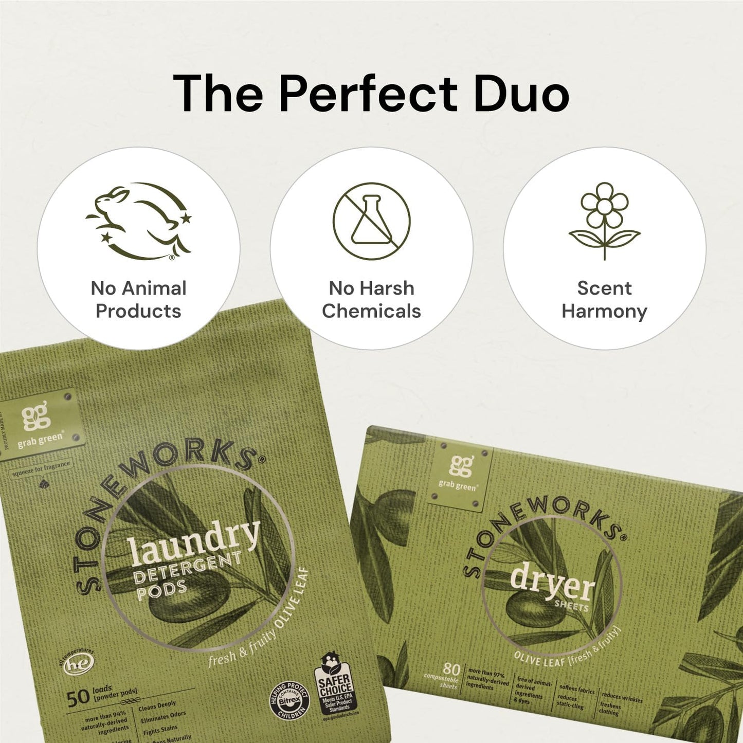 Grab Green Stoneworks Laundry Detergent Pods and Dryer Sheet Bundle, 50 Count Pods and 80 Dryer Sheets, Olive Leaf Scent, Plant and Mineral Based Laundry Care Set