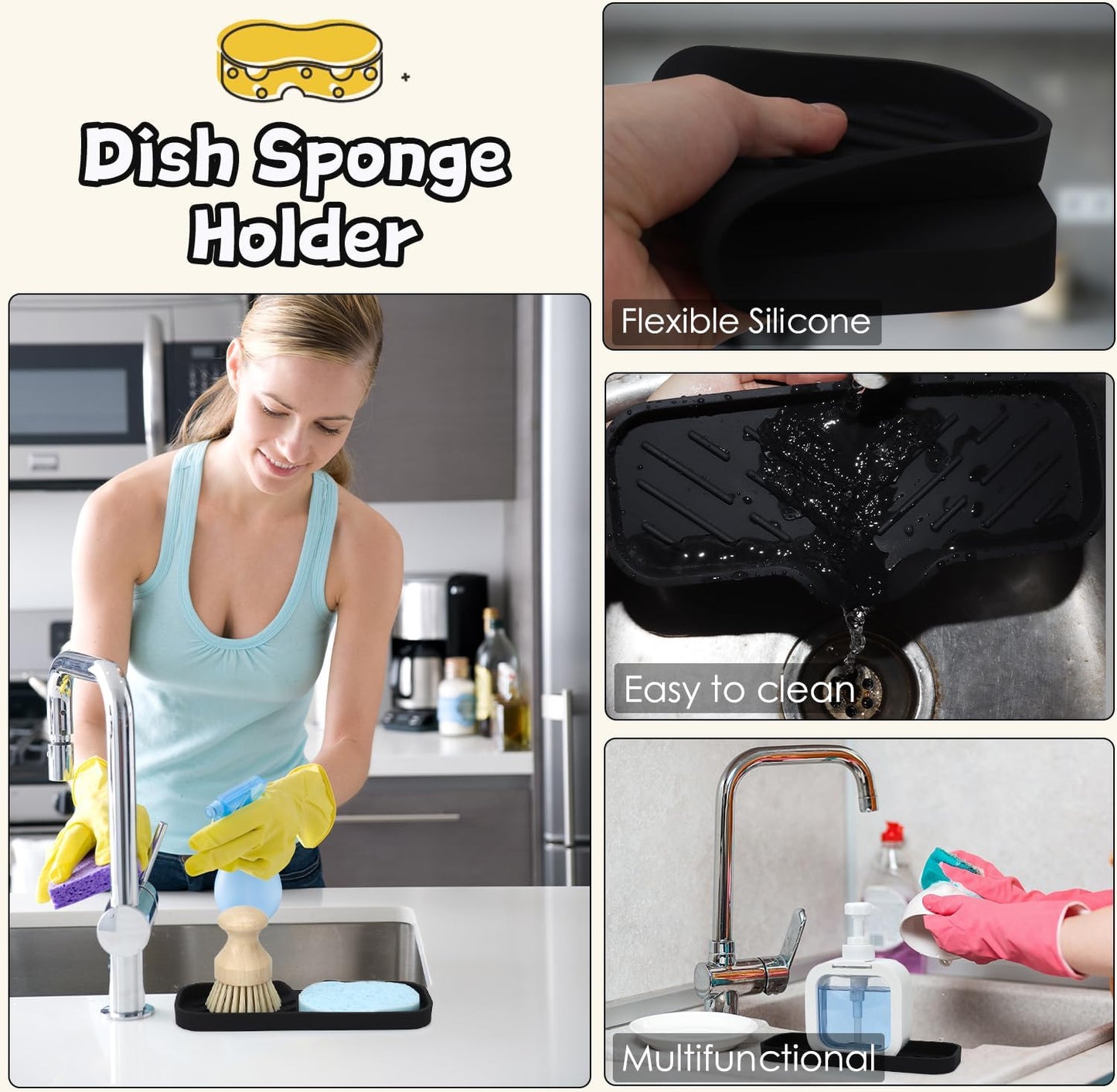 Silicone Bathroom Soap Dishes, Sponge Holder for Kitchen Sink, Shower Soap Holder with Drain, Soap Dispenser Tray, Soap Dish for Bottle, Cup, Sink or Counter Organizer - Black 9" x 3.15"