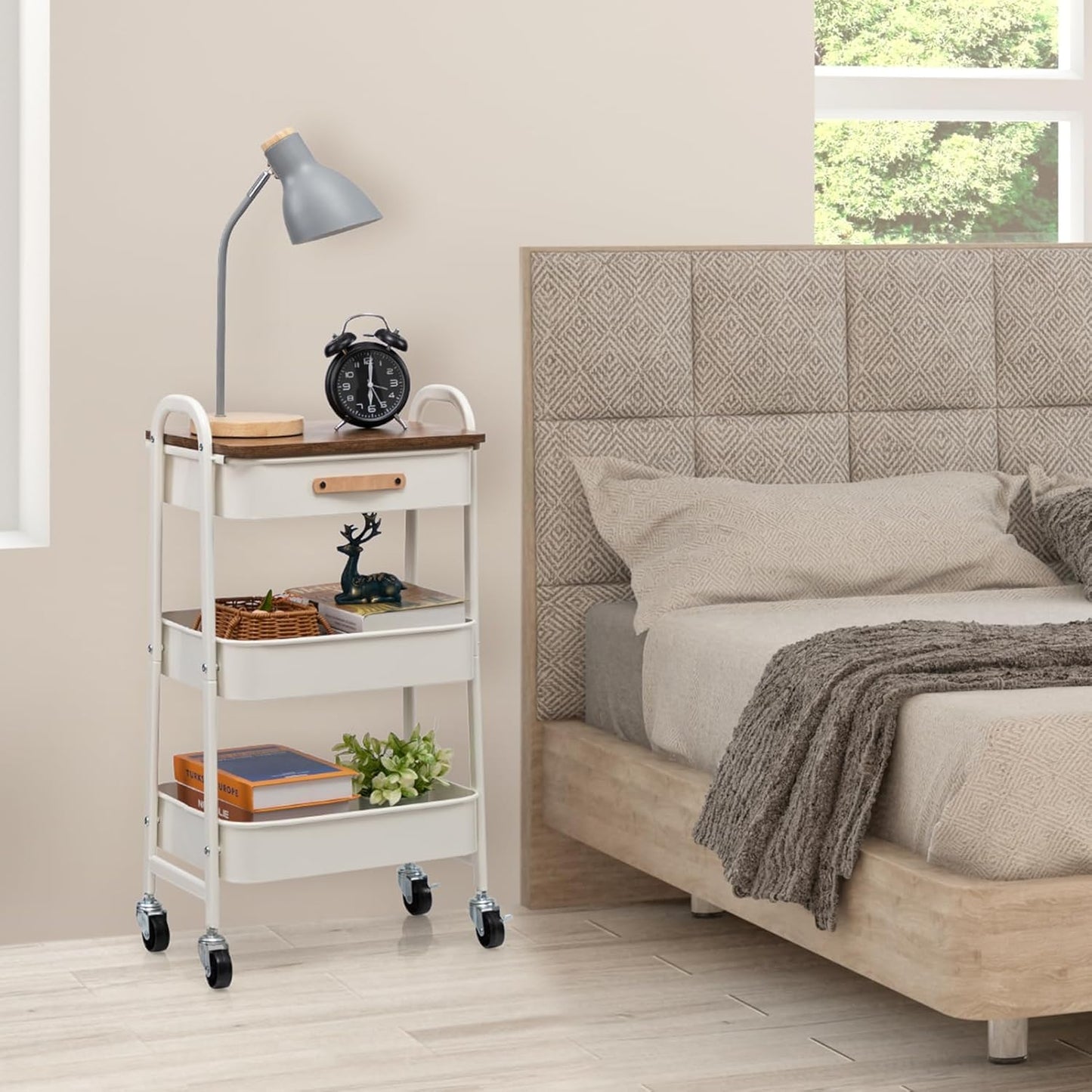 AGTEK Rolling Organizer Cart with Drawer, 3 Tier Movable Metal Utility Cart with Drawer, Mobile Trolley Cart for Home & Office, White