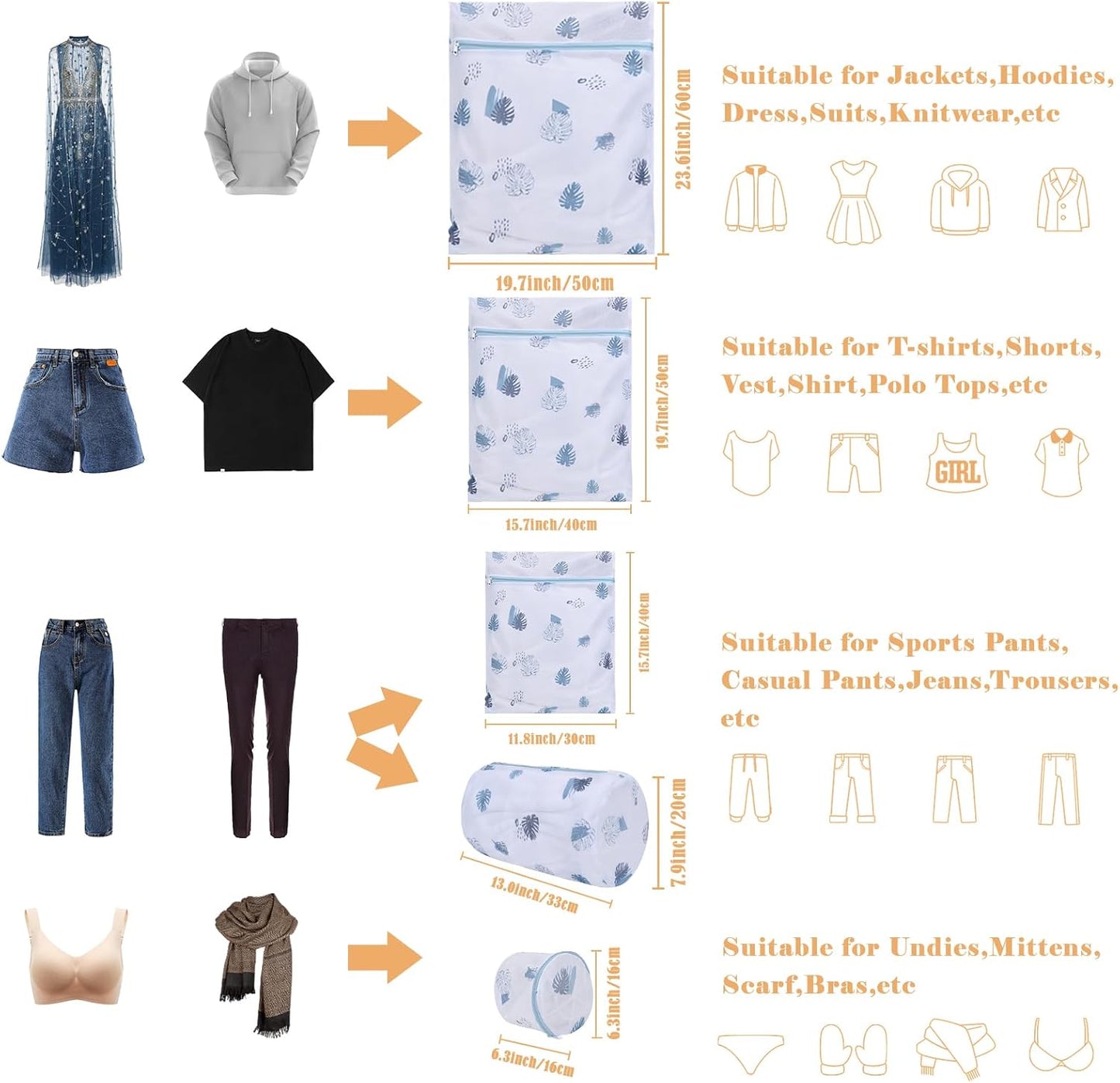 Durable Laundry Bag, Mesh Laundry Bags with Premium Zipper, 5 Pack Washing Machine Wash Bags for Delicates Blouse, Hosiery, Underwear, Baby Clothes, Travel Organization Bag (Leaves)