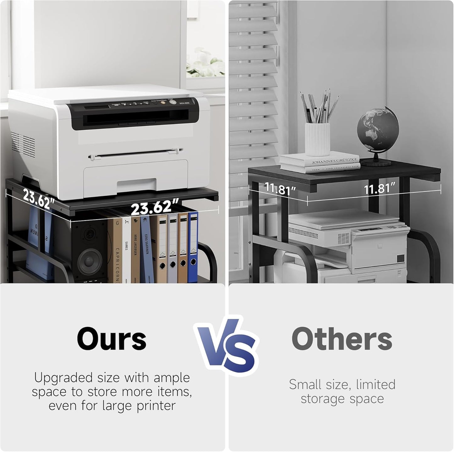 Printer Stand, 24''×24''×29'' Large Printer Table for Home Office with Locking Casters, Heavy Duty Sturdy 3-Tier Rolling Cart with Adjustable Shelf, Mini Fridge Stand, Home Office Essentials, Black