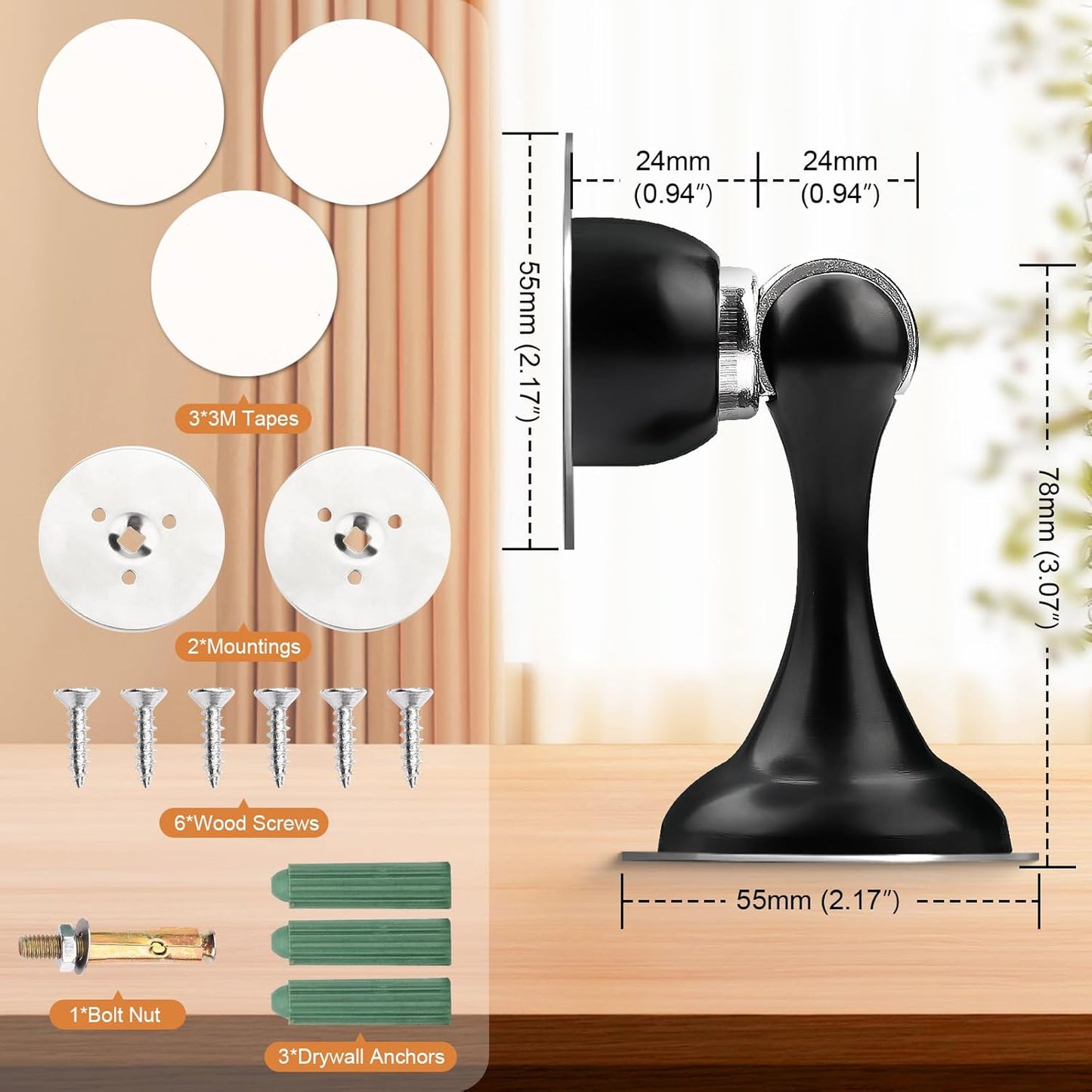 Probrico Black Magnetic Door Stoppers for Bottom of Door, Stainless Steel Magnet Door Catch Door Stops to Keep Door Open, Heavy Duty Door Holder, Wall and Floor Mounting, 4 Pack