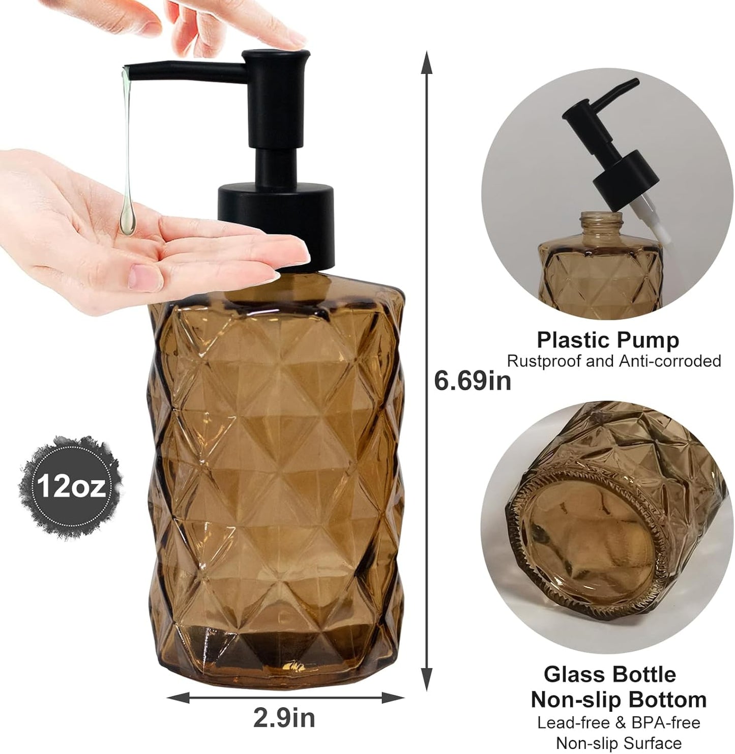 Brown Bathroom Soap Dispenser with Black Plastic Pump, 12oz Glass Lotion Dispenser, Crystal Hand Soap Dispenser for Modern Home Decor, Kitchen Countertop, Hotel
