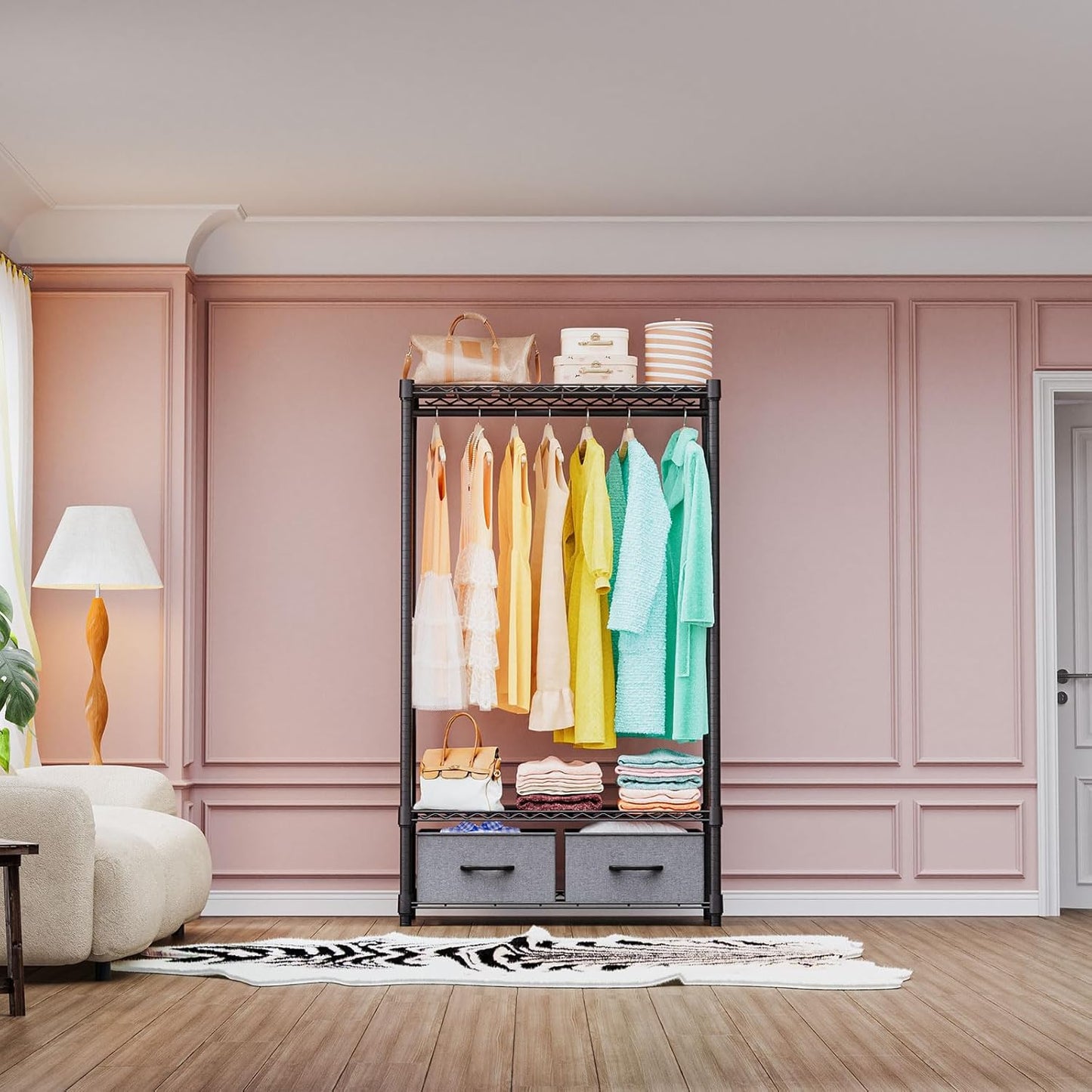 IZEUK Heavy Duty Garment Rack Wire Clothes Rack for Hanging Clothes, Metal Freestanding Closet Wardrobe Rack with 1 Rod and 2 Drawers Dark Grey 15.7" D x 35.5" W x 72.4" H