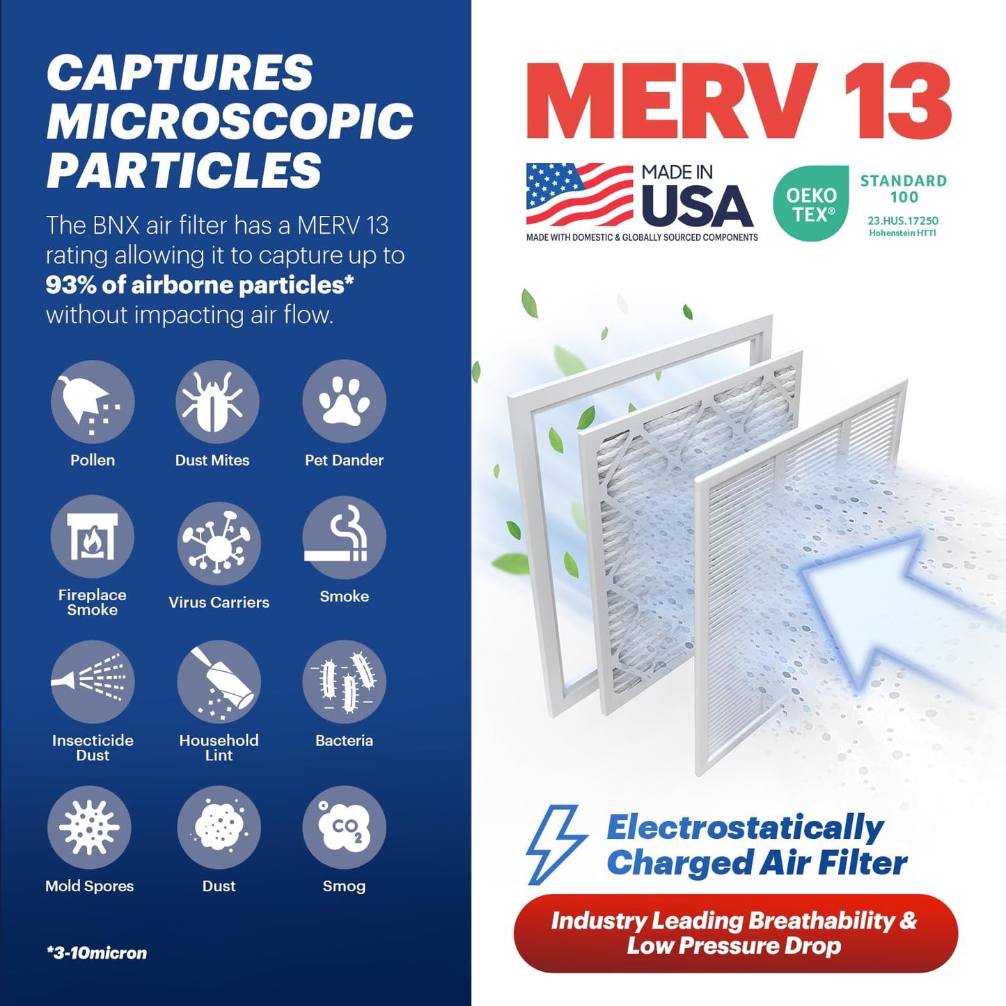 BNX TruFilter 16x25x2 Air Filter MERV 13 (4-Pack) - MADE IN USA - Electrostatic Pleated Air Conditioner HVAC AC Furnace Filters for Allergies, Pollen, Mold, Bacteria, Smoke, Allergen, MPR 1900 FPR 10