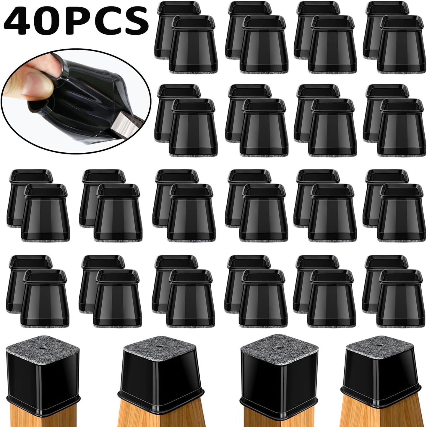 BUMACO Chair Leg Floor Protectors Square Chair Leg Protectors for Hardwood Floors 40Pcs Silicone Covers to Protect Floors Square (Black-L Fit 1-1/16" to 1-5/8")