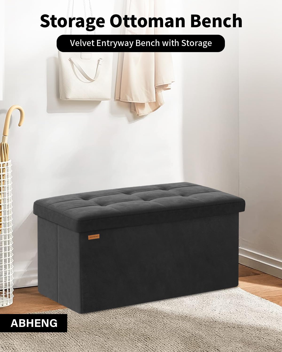 Folding Storage Ottoman, Velvet Storage Bench, Footrest, Removable Divider, for Living Room, Bedroom, 15 x 30 x 15 Inches, 660 lb Load Capacity, Ink Black UASND01B