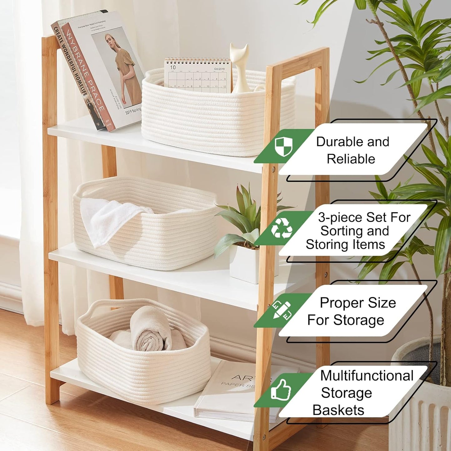 OIAHOMY Cotton Rope Storage Baskets | Decorative Storage Basket for Closet Storage, Home Organizing Bins and Nursery Decor | Cotton Rope Woven Baskets for Storage Shelf, Pure and White